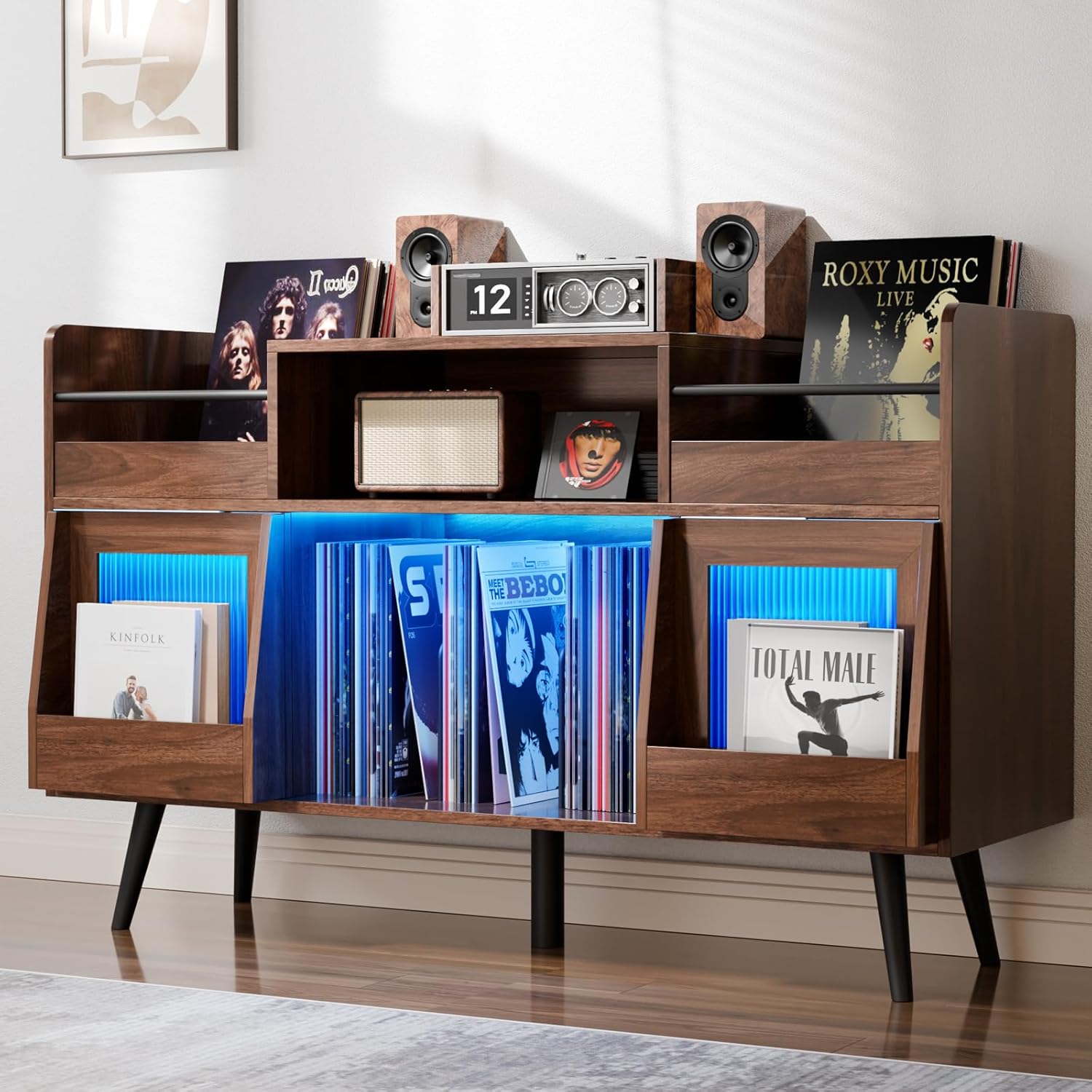 Soporte XL para tocadiscos con puerta corredera, armario de almacenamiento de discos de vinilo 500, mesa de tocadiscos con toma de corriente y luz