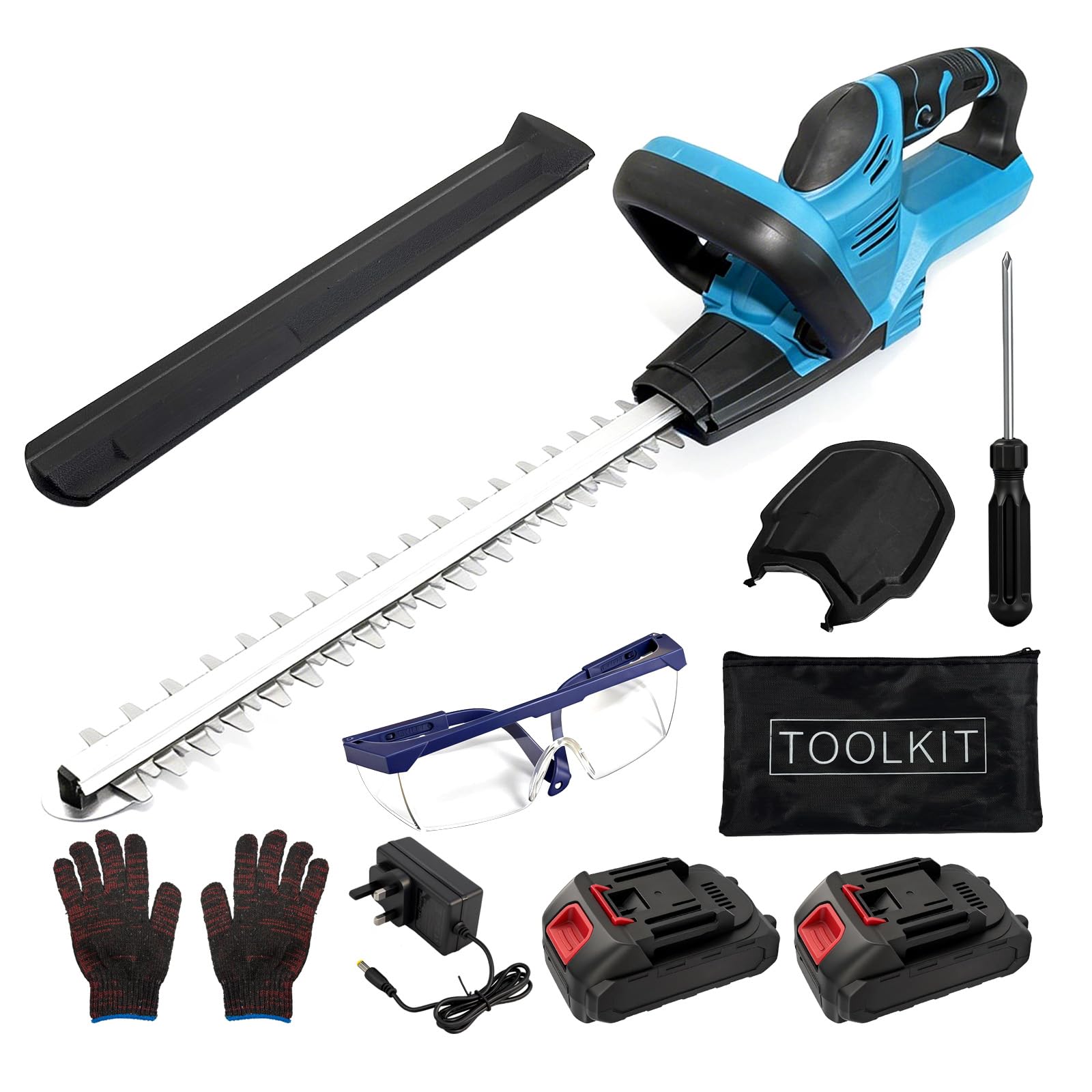 Cortasetos a batería con 2 baterías de 3,0 Ah y cargador, cortasetos inalámbricos para jardín, setos y arbustos, incluye gafas, guantes y juego de accesorios