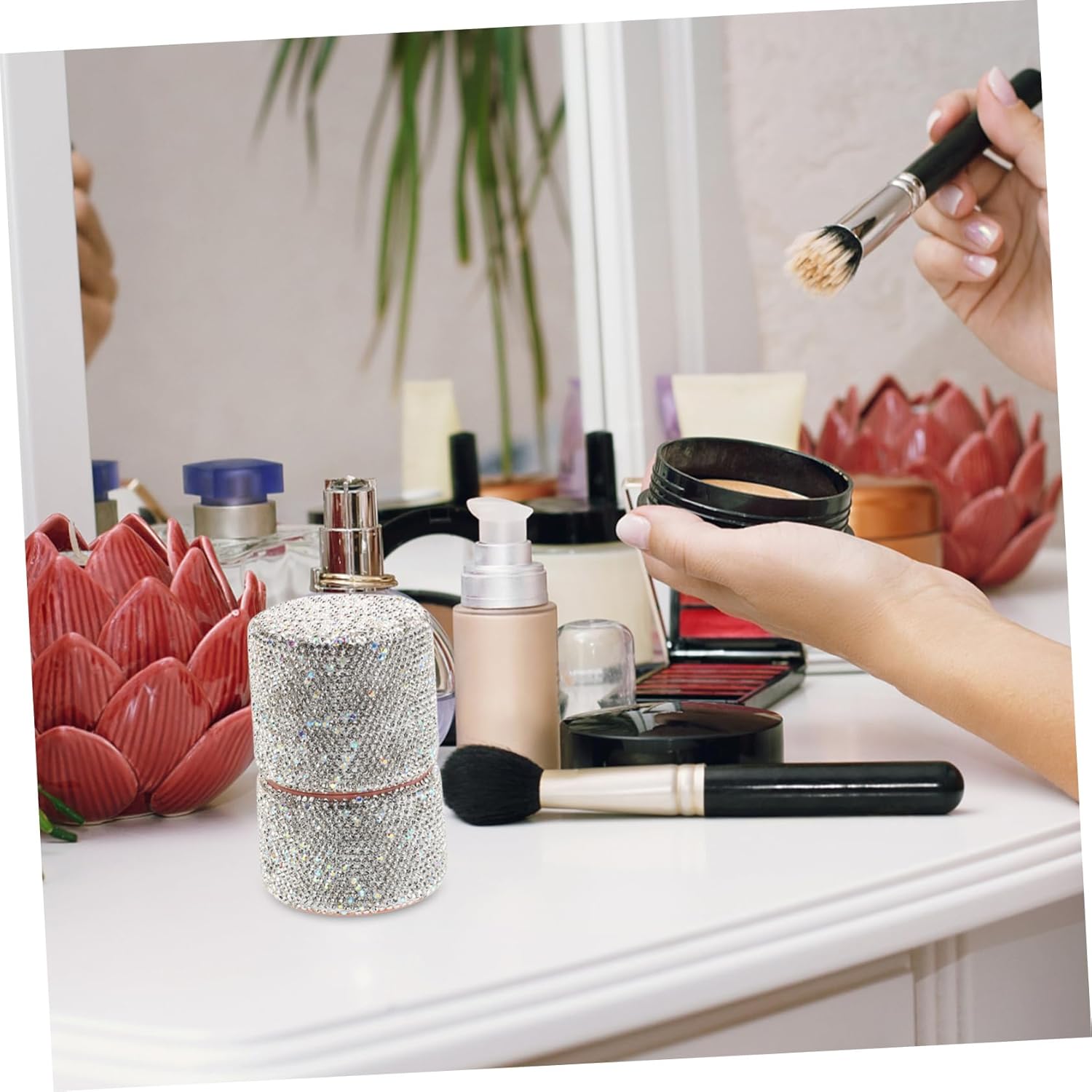 SOIMISS Portable Rhinestone Makeup Brush Case Set with Lid 10-Piece Travel Makeup Brush Kit for Foundation Eyeshadow Dustproof Organizer for Women