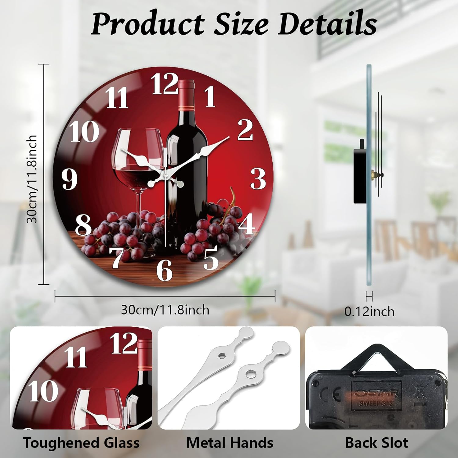 peacoblue Wall Clocks Battery Operated 12 Inch Wine Glass Glass Round Wall Clock Non Ticking for Kitchen Living Room Dining Room Bedroom and Bathroom Decor Accessories (Battery not Included)