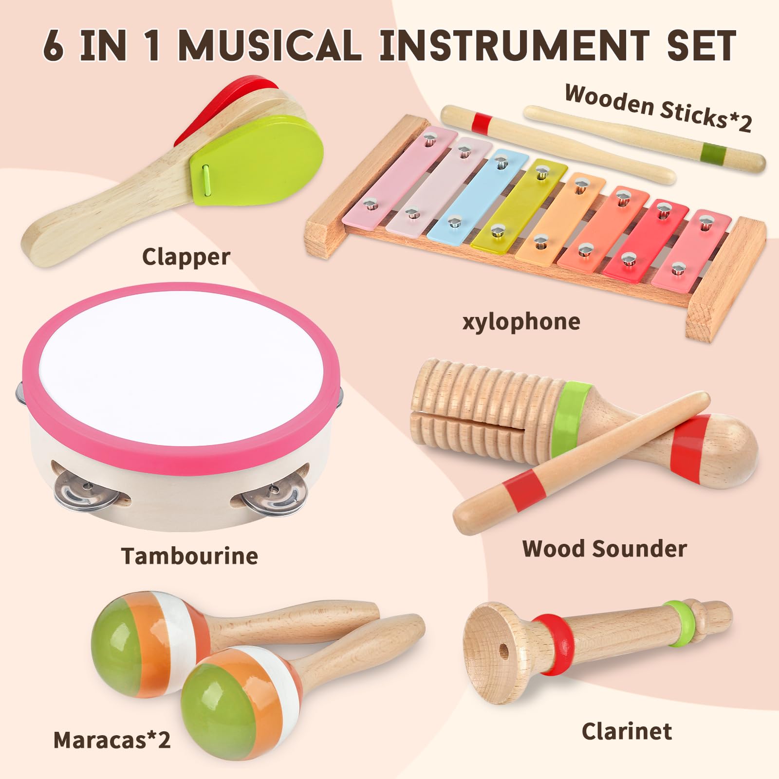 Baby Musical Instruments for Girls-Montessori Wooden Toys for Toddlers 1-3,Percussion Instruments Set with Xylophone Preschool Educational 3+ Christmas Birthday Gift for 1 2 3 Year Girls