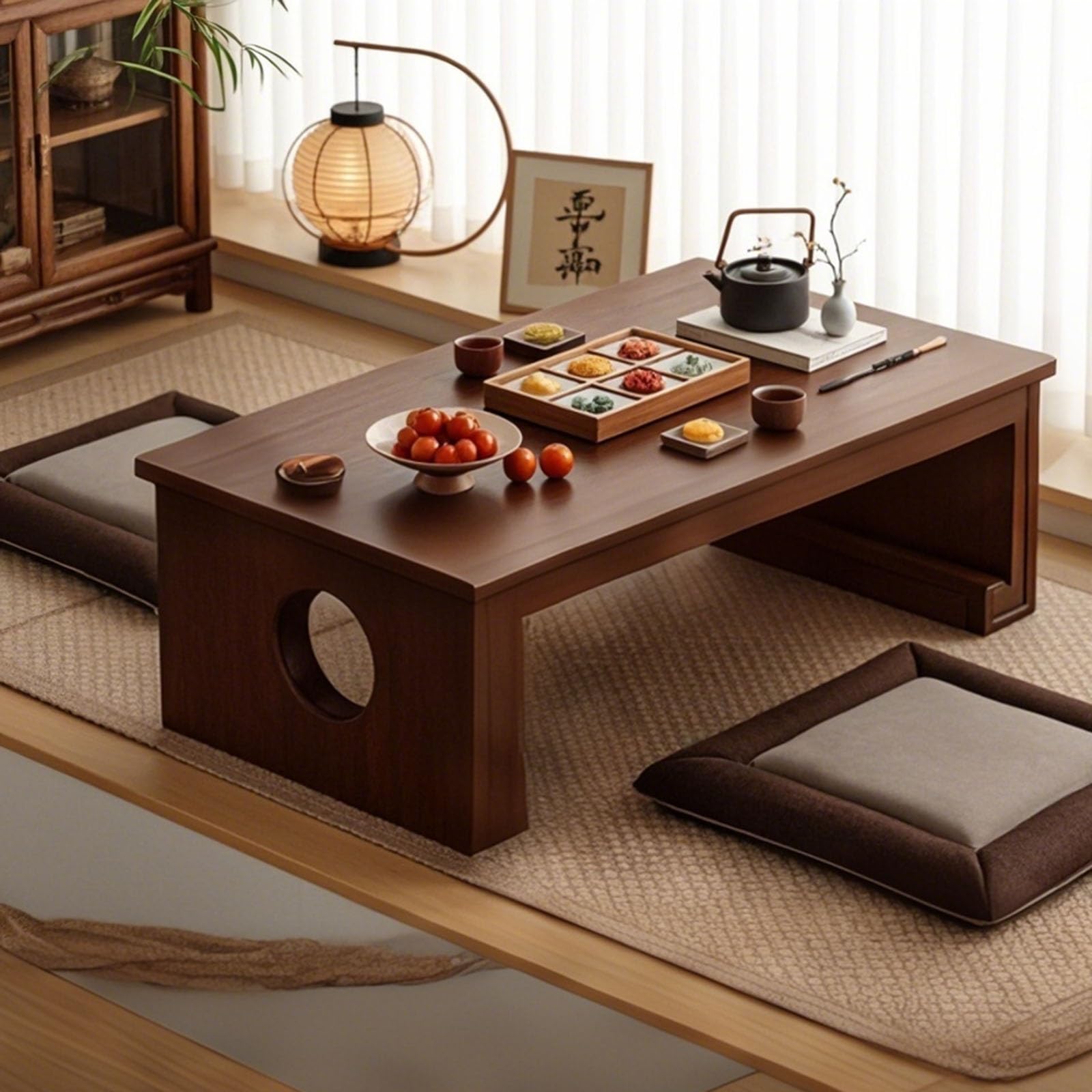 Table basse japonaise avec coussins en bois massif pour salle à manger, thé, tatami, maison, bureau, salon, méditation, balcon