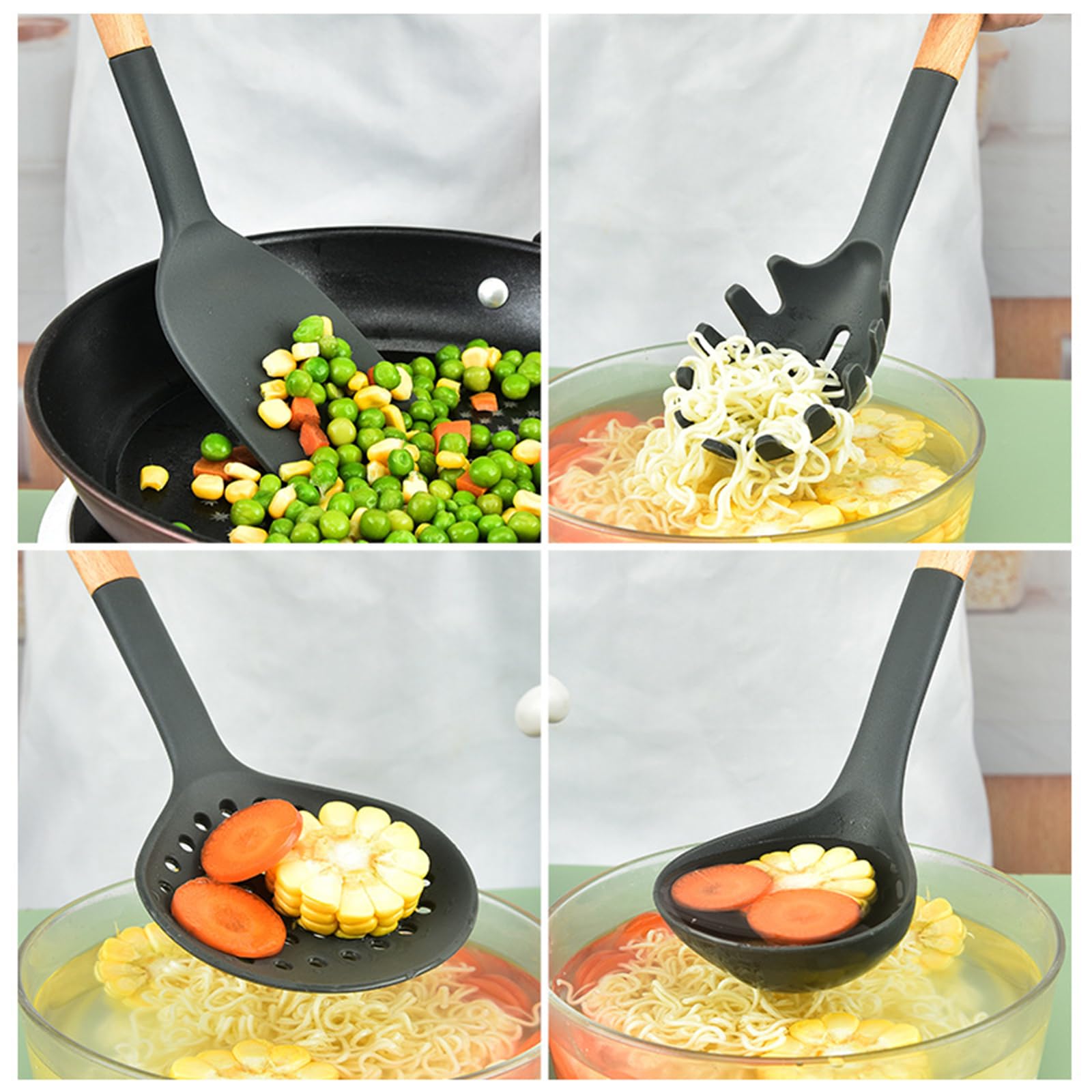 11 Stück Küchenhelfer Set, Silikon Küchenutensilien Set, Antihaft Hitzebeständiger Holzgriff Kochbesteck Mit Utensilienhalter, Silikonspatel Kochgeschirr Set, Spülmaschinengeeignet