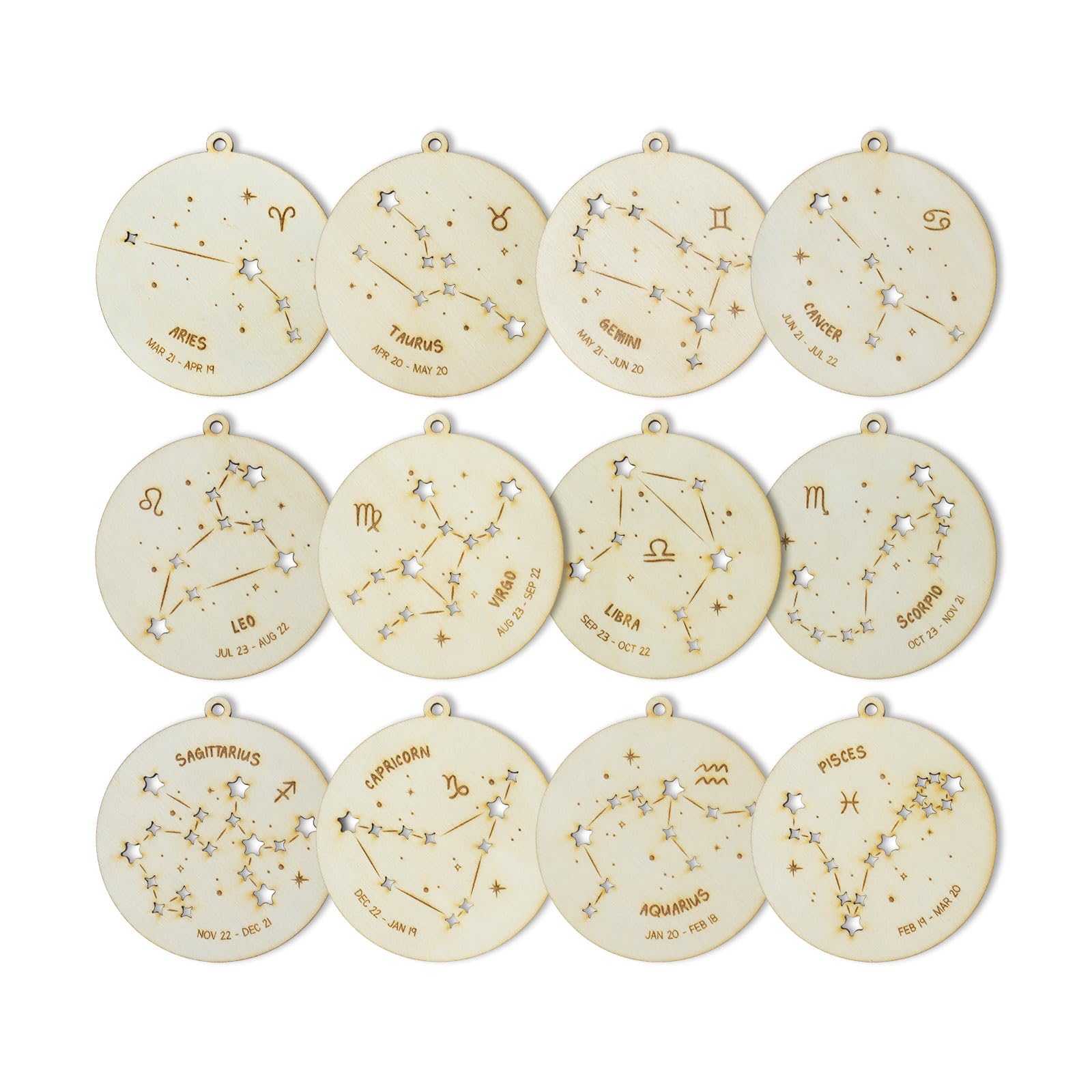 Summer-Ray Zodiac Constellation Ornament Set – 12 Wooden Astrology Signs with Laser Cut Stars