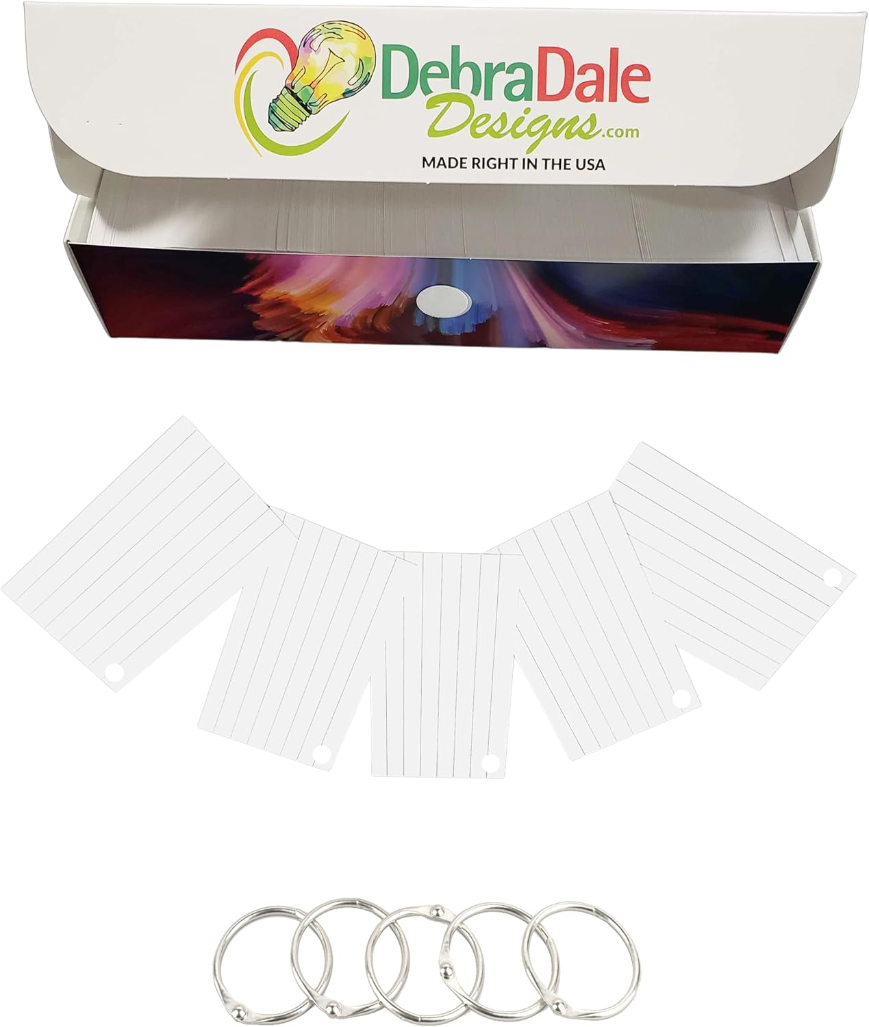 Debra Dale Designs - Ruled Hole Punched Small Study Flash Cards With 5 Rings - 3.5 x 2 Inches - Box of 1,000 - Extra Heavy 140# Index Card Stock - .0118 Thick