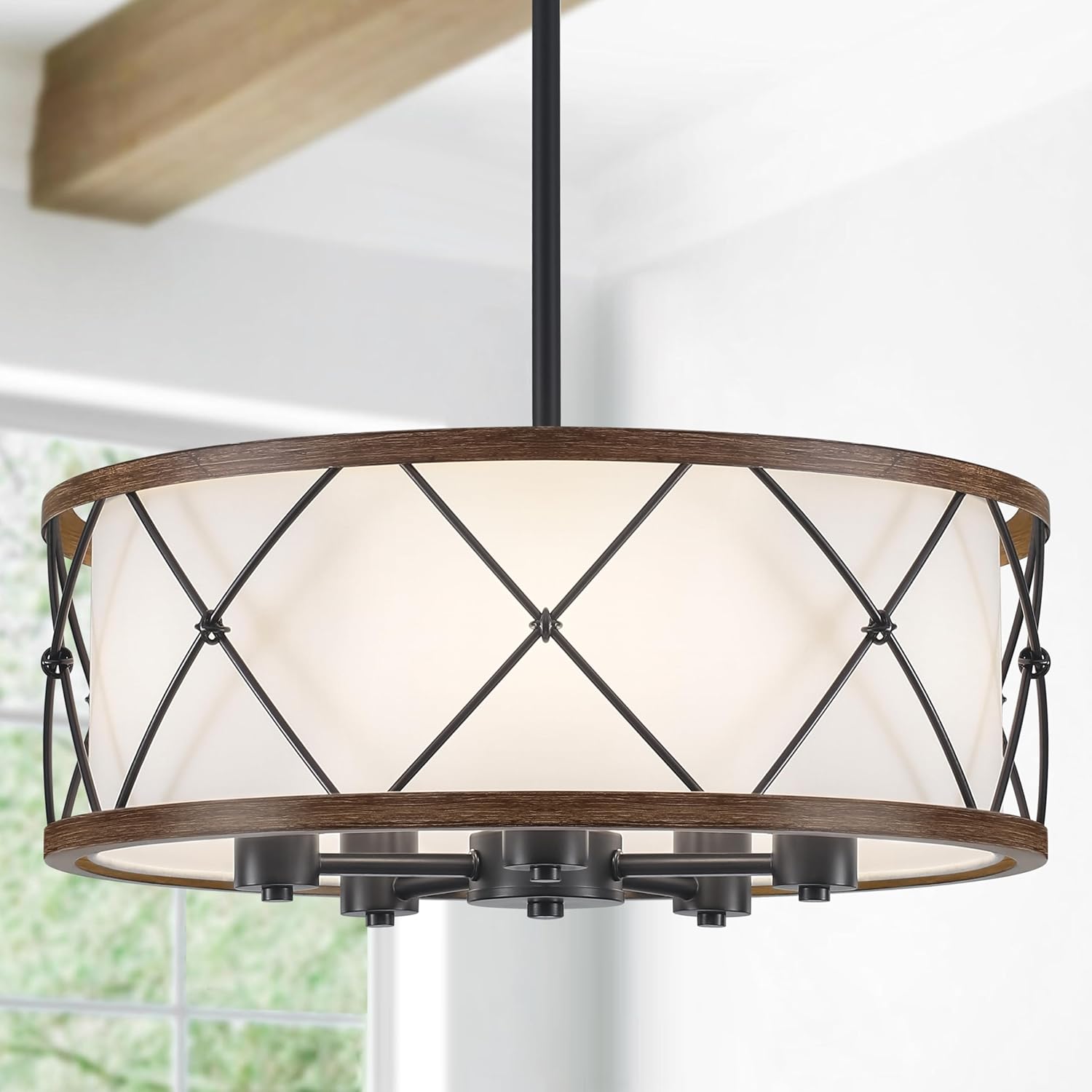 19.6" Modern Drum Chandelier, 5-Light Dining Room Chandelier Wood Texture Interior Fabric Shade Adjustable Hanging Pendant Lighting for Entryway Kitchen Island Foyer Bedroom 19.6 inch Brown