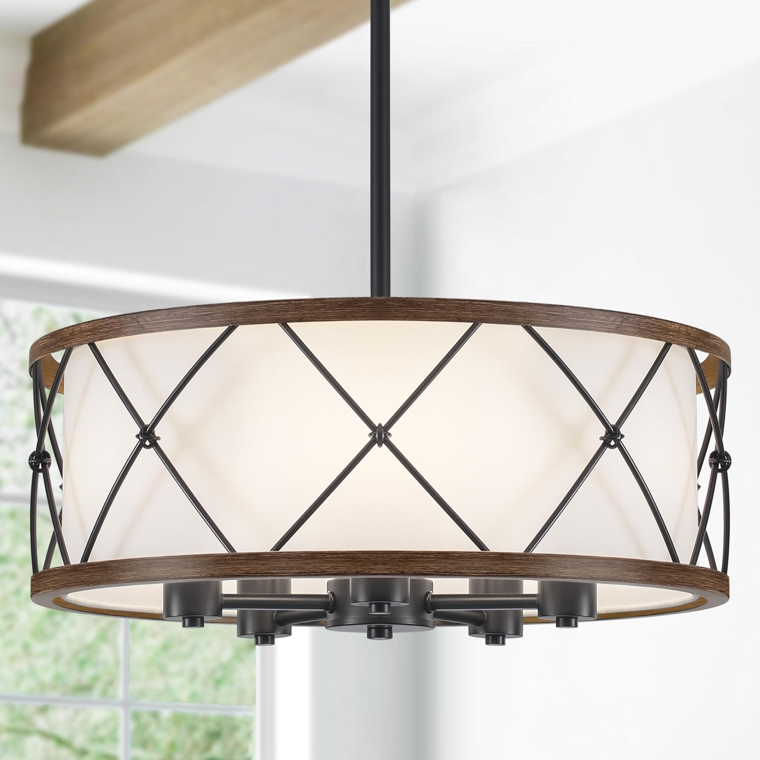 19.6" Modern Drum Chandelier, 5-Light Dining Room Chandelier Wood Texture Interior Fabric Shade Adjustable Hanging Pendant Lighting for Entryway Kitchen Island Foyer Bedroom