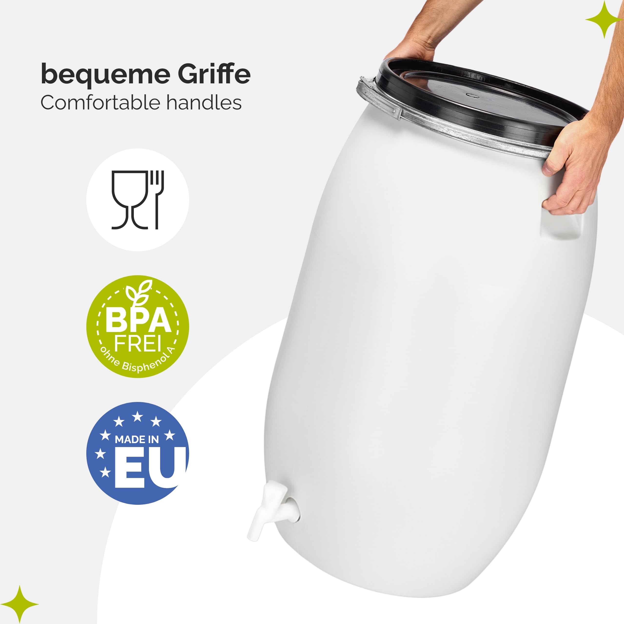 Garronda 220 Liter Regentonne mit Deckel mit Hahn Weithalsfass aus HDPE Regenfass für Garten Fass Regenwassertonne Futtertonne Wasserbehälter Universalfass Wasserfass Wassertank GD-0091 Weiß