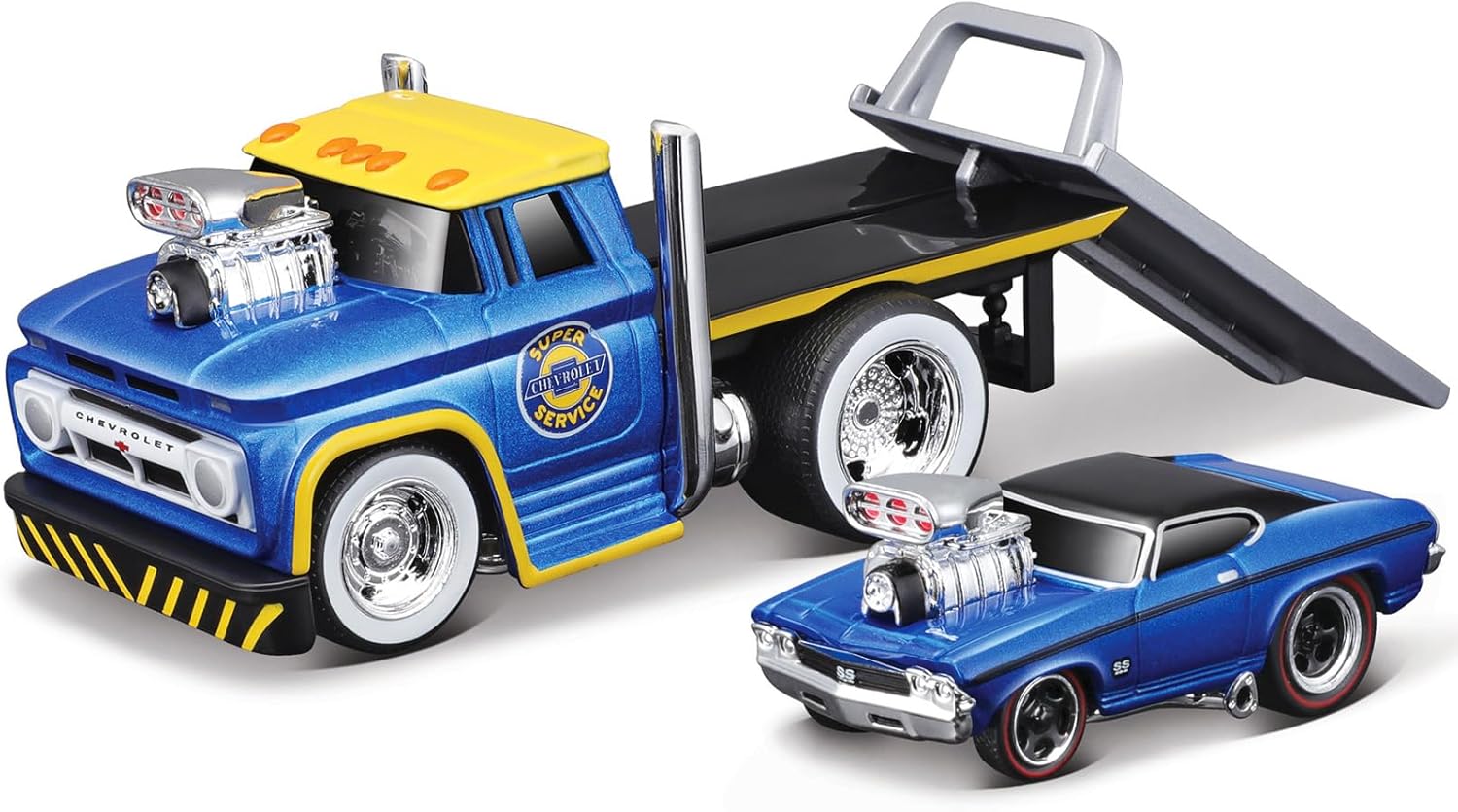 1/64 Scale Muscle Transports Series 1966 Chevy C60 Flatbed Truck and 1969 Chevelle SS 396 Coupe Diecast Metal Model Car (11535)