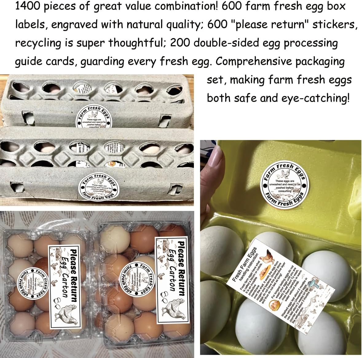 1400 Pcs Egg Stickers Kit for Farm Fresh Eggs 200 Egg Handling Instructions Stickers 600 Farm Fresh Eggs Stickers 600 Please Return Egg Carton Stickers for Egg Sellers Farmers Market Local Egg Dealer