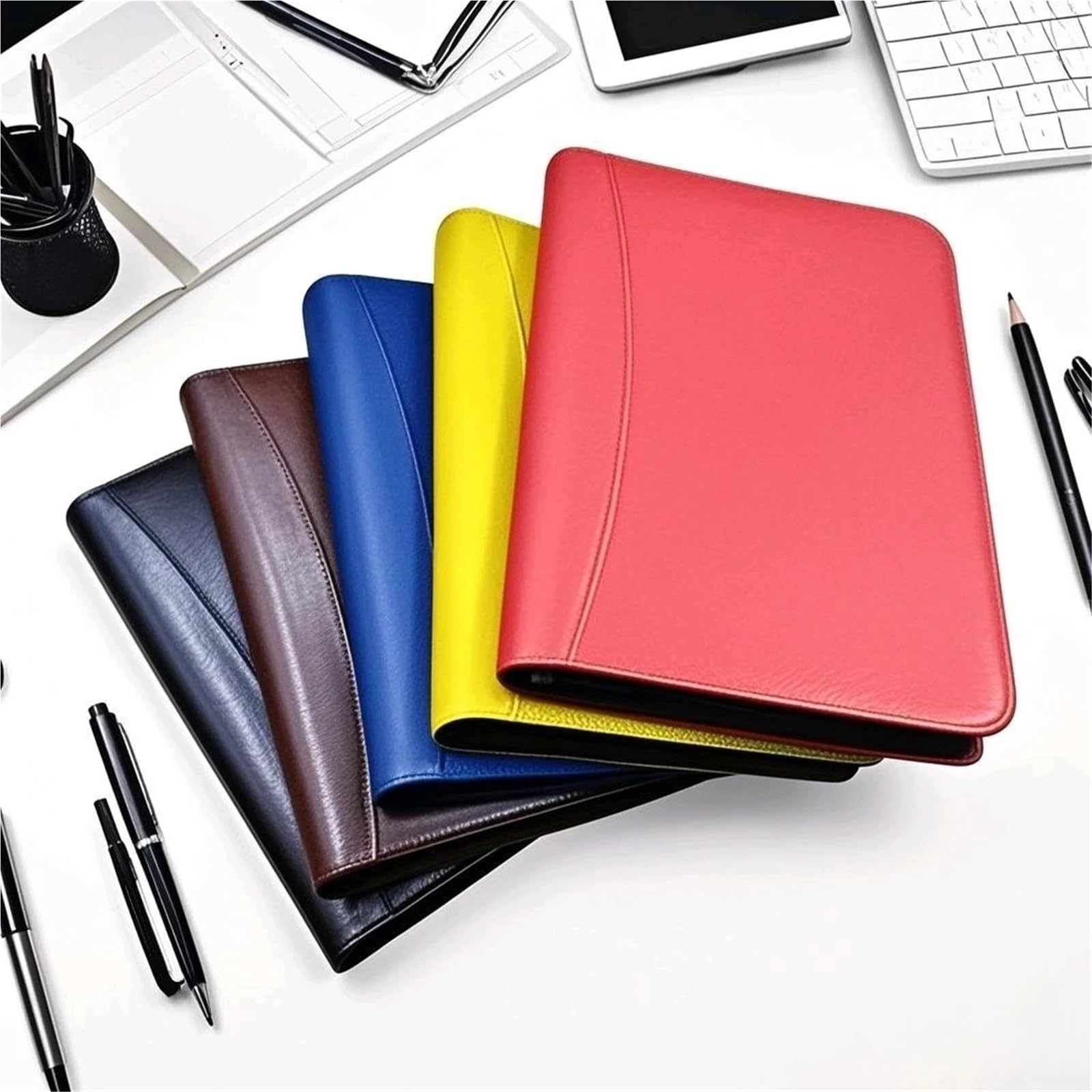 Documentos de cuero Organizador de cuero A5 con cremallera, carpeta portafolios, 6 anillas, hojas sueltas, funda for cuaderno, bolsa almacenamiento cierre hermético(Black)