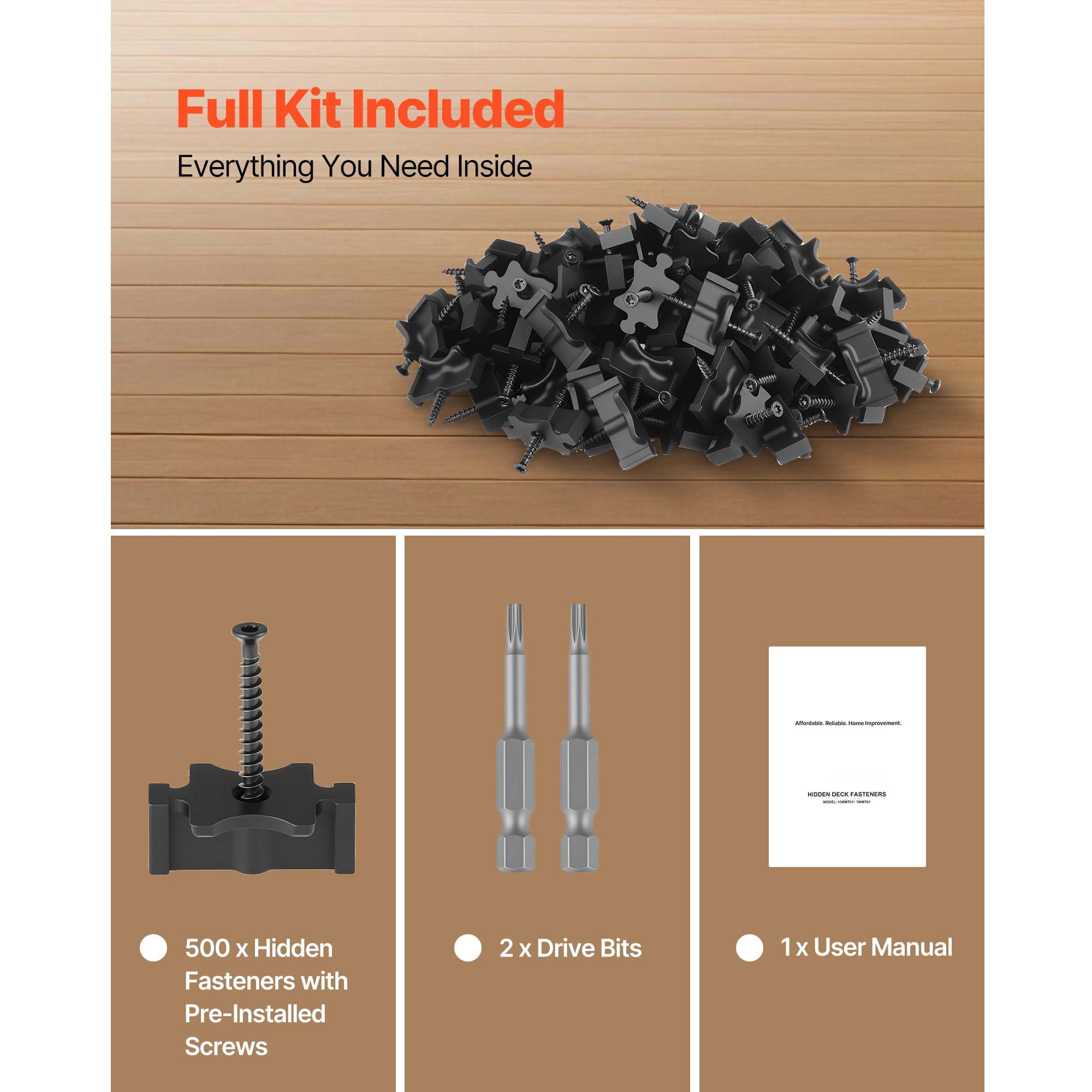 VEVOR Fixation Invisible pour Lame de Terrasse Composite, 500 PCS, Clips T Fixation Cachée en Plastique PP avec Vis Métalliques, Compatible avec Lames de Terrasse d'Écart 6,5 mm et de Hauteur 10 mm