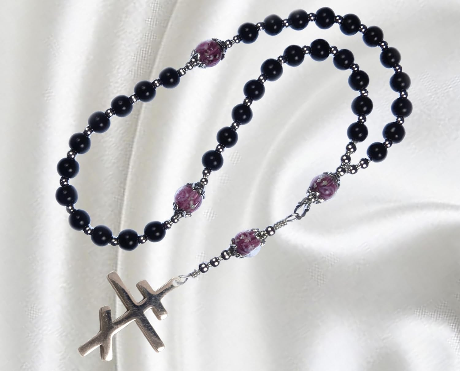 Handmade Orthodox Rosary, Greek Chotki, Black Shell Pearls and Silver Tone Stainless Steel Cross