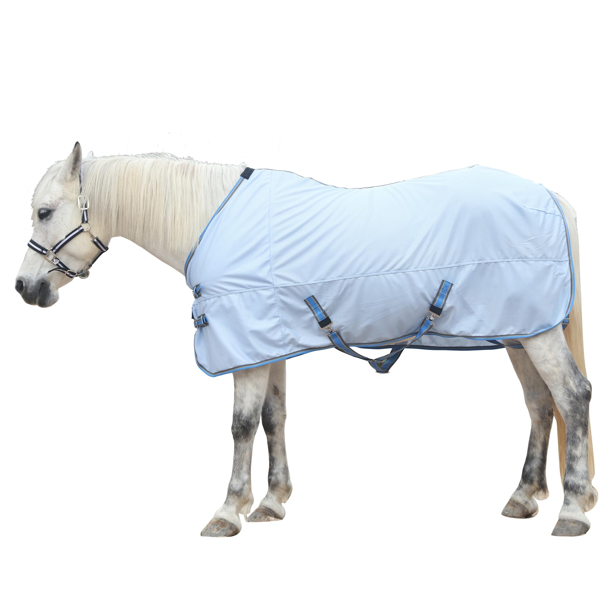Gallopoff Fliegendecke für Pferde, atmungsaktive Sommerdecke mit UV-Schutz und Kratzschutz, mit verstellbarem Brustverschluss, Kreuzgurt und Beinschnüren Hellblau 150 cm