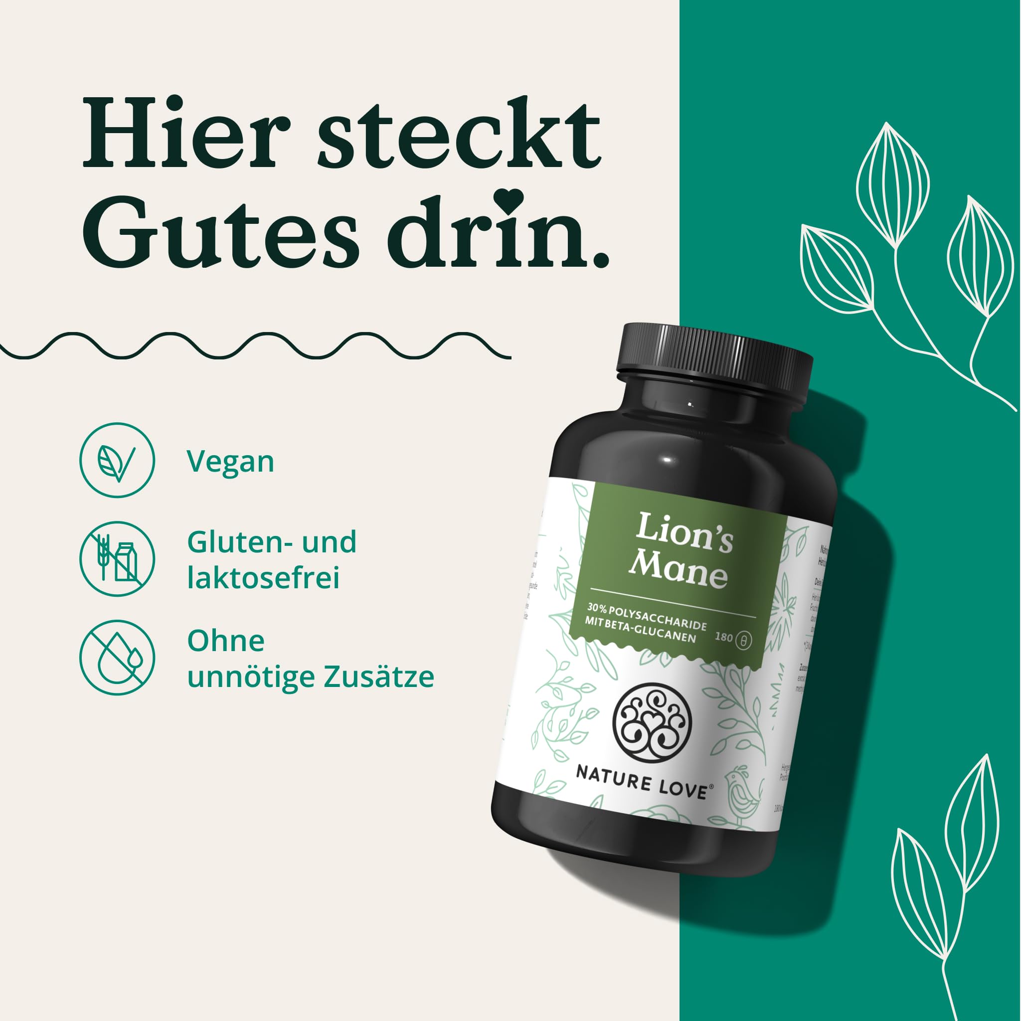 NATURE LOVE® Lions Mane - 180 Kapseln - hochdosiert mit 1500mg 30:1 Extrakt je Tagesdosis - 30% Polysaccharide und 5% Beta-Glucane - Hericium Erinaceus Mushroom - Vegan und laborgeprüft