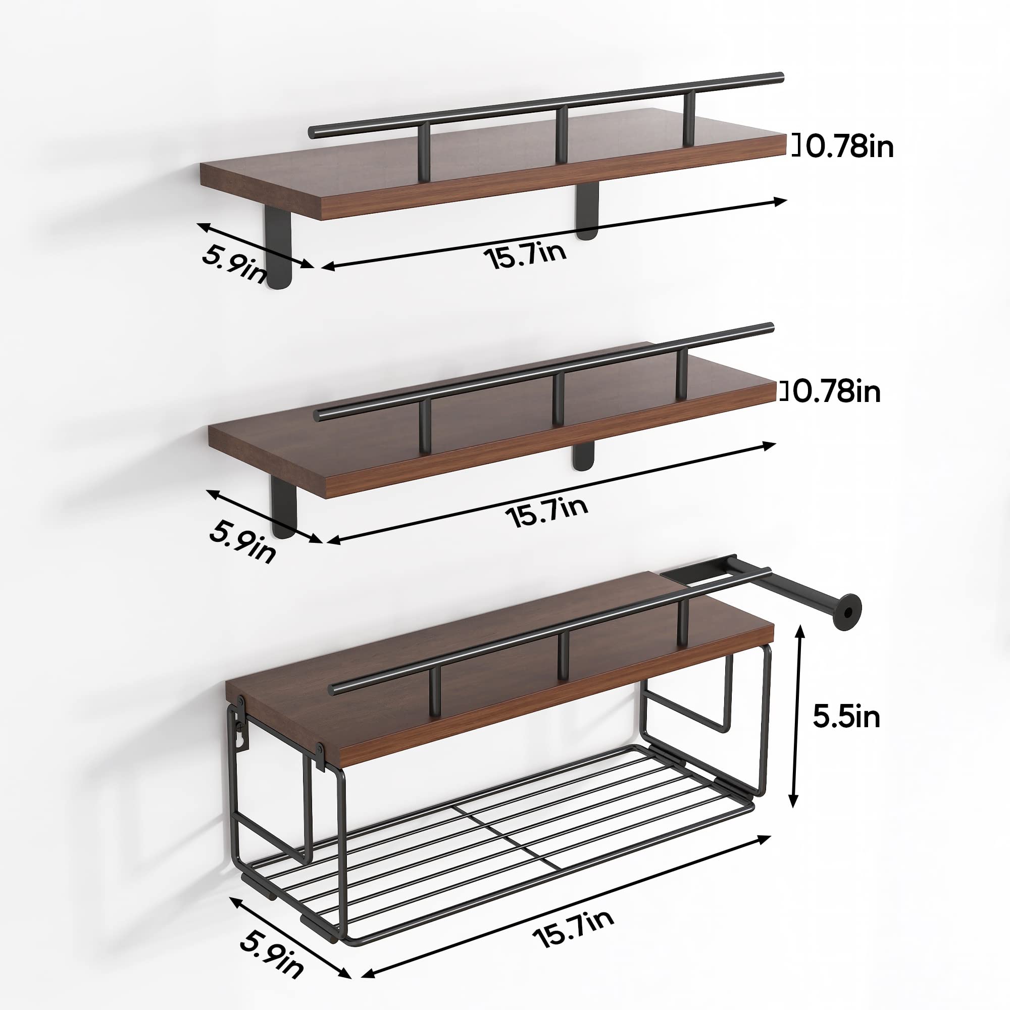 2023 Upgrade Floating Shelves with Toilet Paper Holder, Bathroom Wall Shelves | Metal Guardrail | Solid Pine Wood, Brown