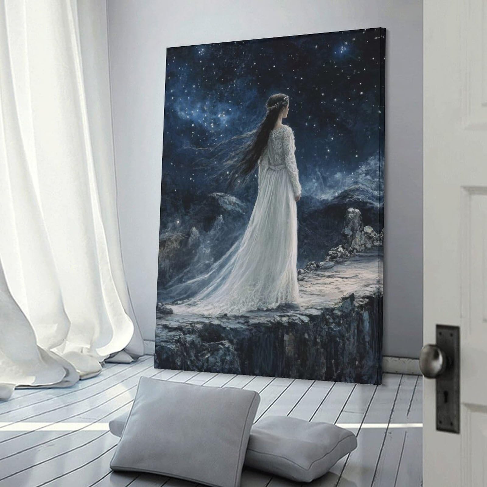 Junmoney Frame-Style-17 Woman In White Dress Under Starry Sky Hanging Wall Art, 16X24inch(40X60cm), For Bedroom Decor, Cosy Corners Or Studios, An Easy Wall Refresh For Bedrooms
