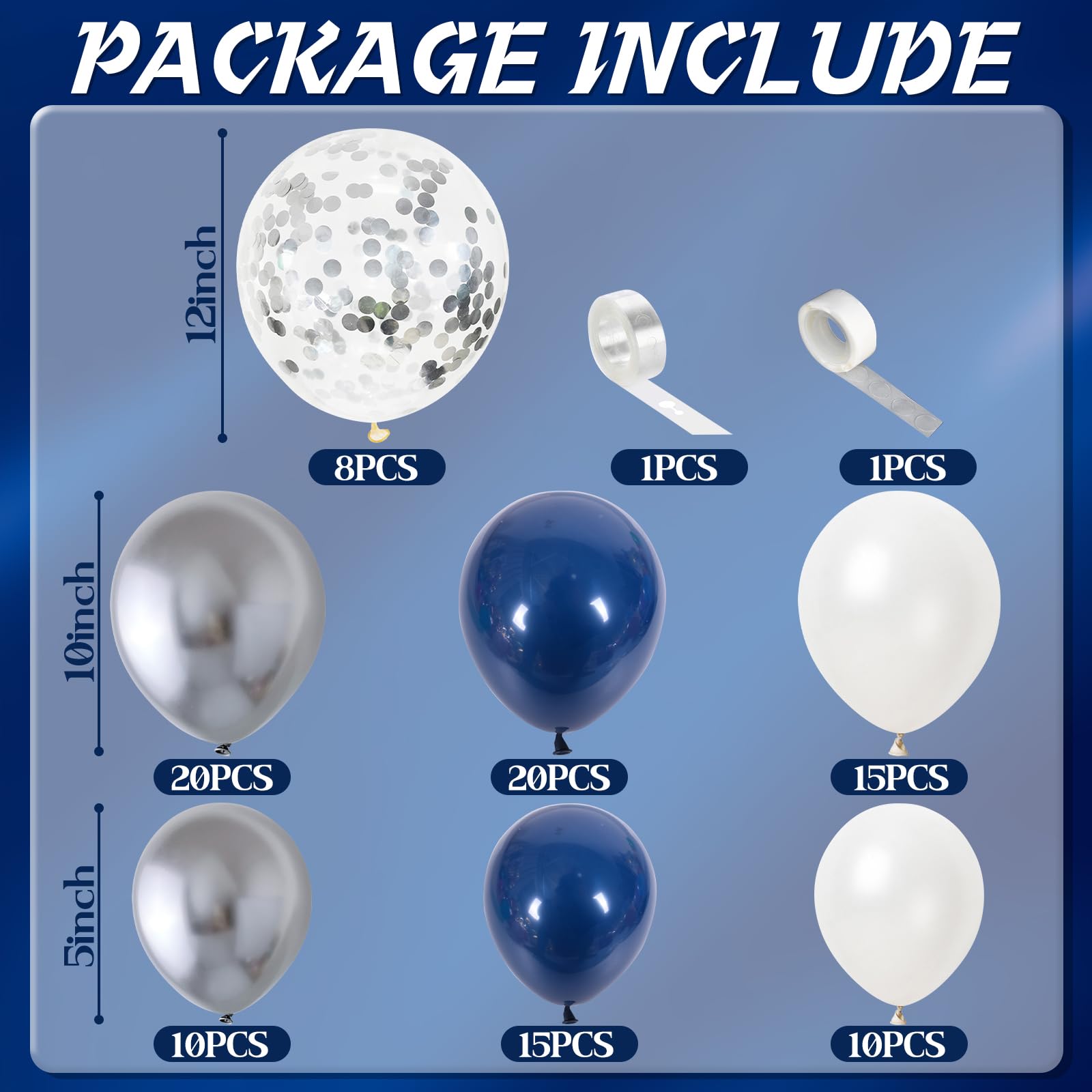 COLANANA Kit d'arche de ballons, 100 pièces, décorations d'anniversaire pour adultes et enfants, fête prénatale, mariage, anniversaire de mariage, carnaval, bleu marine et argenté