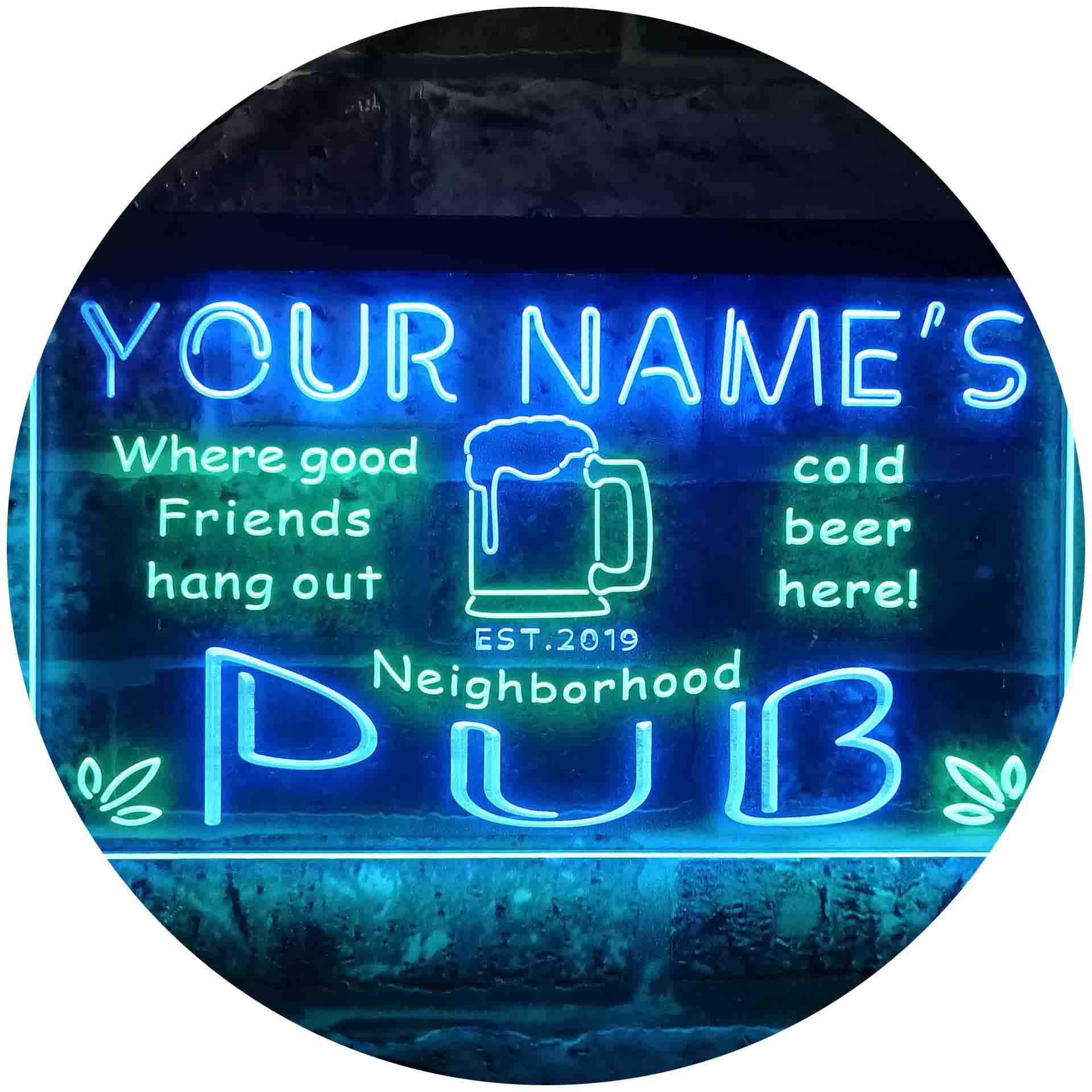 Personalized Your Name Est Year Theme Neighborhood Pub Bar Dual Color LED Enseigne Lumineuse Neon Sign Vert et bleu 600 x 400mm st6s64-pg1-tm-gb