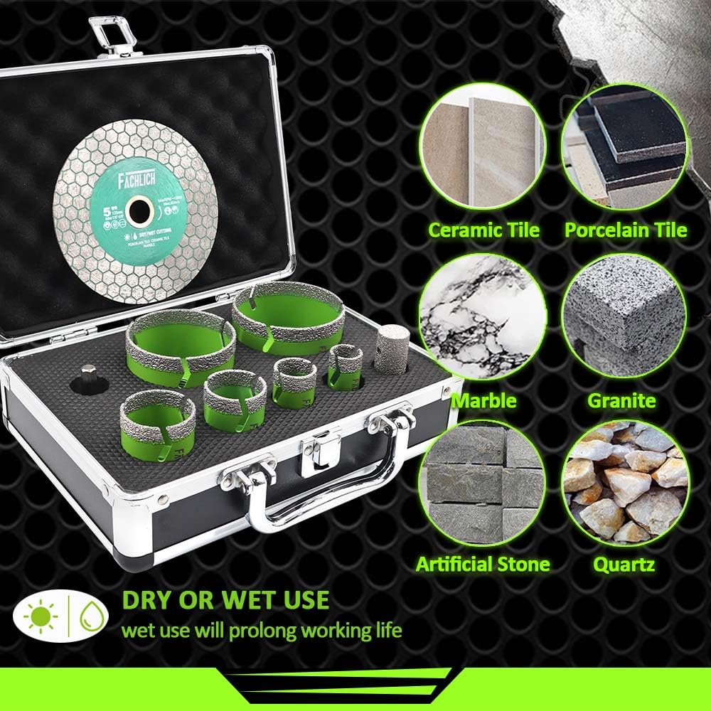 Diamentowe wiertła do płytek zestaw 20-75 mm - M14 wiertło diamentowe otwornica do płytek, porcelany, ceramiki, marmuru, granitu, otworów 20 i 50 mm, fresa diamentowa tarcza tnąca 125 mm