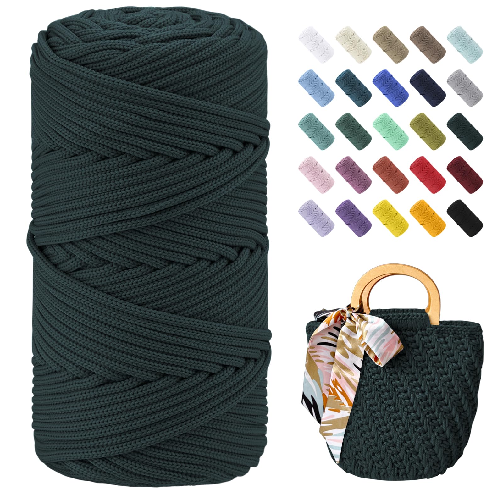 Uiopa Braided Macrame Cord 4mm x 150m Polyester Cord Thick Crochet Yarn Macrame Rope for Crocheting Bags/Baskets, Macrame Projects, Decoration, DIY Crafts (Dark Green)