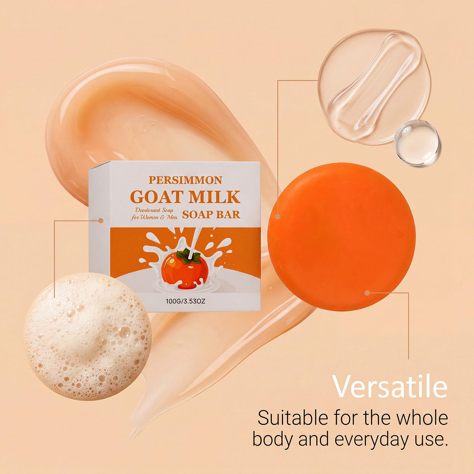 Sapone al latte di capra, deodorante al latte di capra, sapone naturale per la cura della pelle matura, sensazione di freschezza e pulizia per tutto il giorno, sapone deodorante al persimmon (8 pezzi)