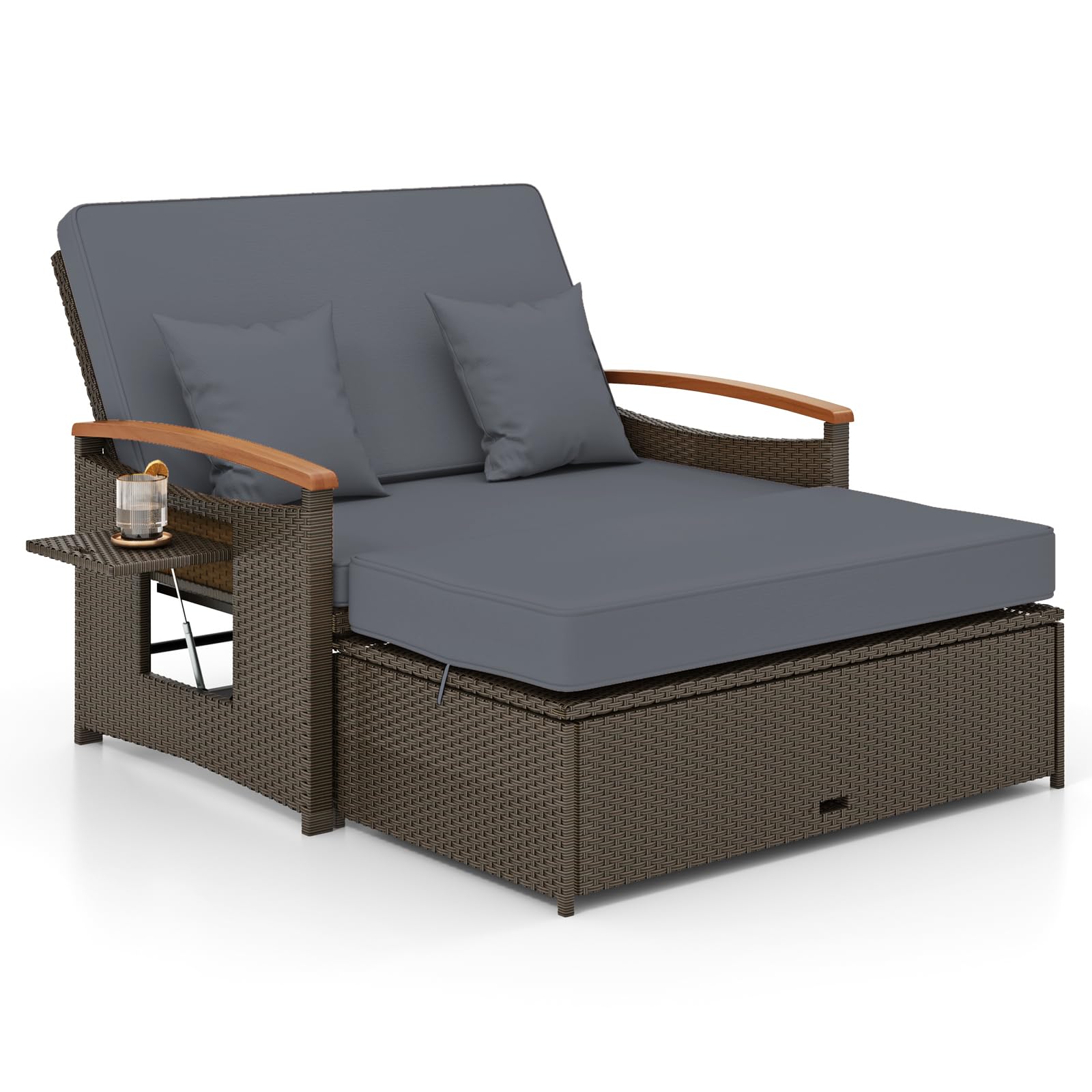 GIANTEX Divano da Giardino in Rattan a 2 Posti con Funzione Allungata, Set di Mobili in Rattan con Sgabello, Doppia Sedia a Sdraio per 2 Persone, 3 Colori (Cuscino Grigio)