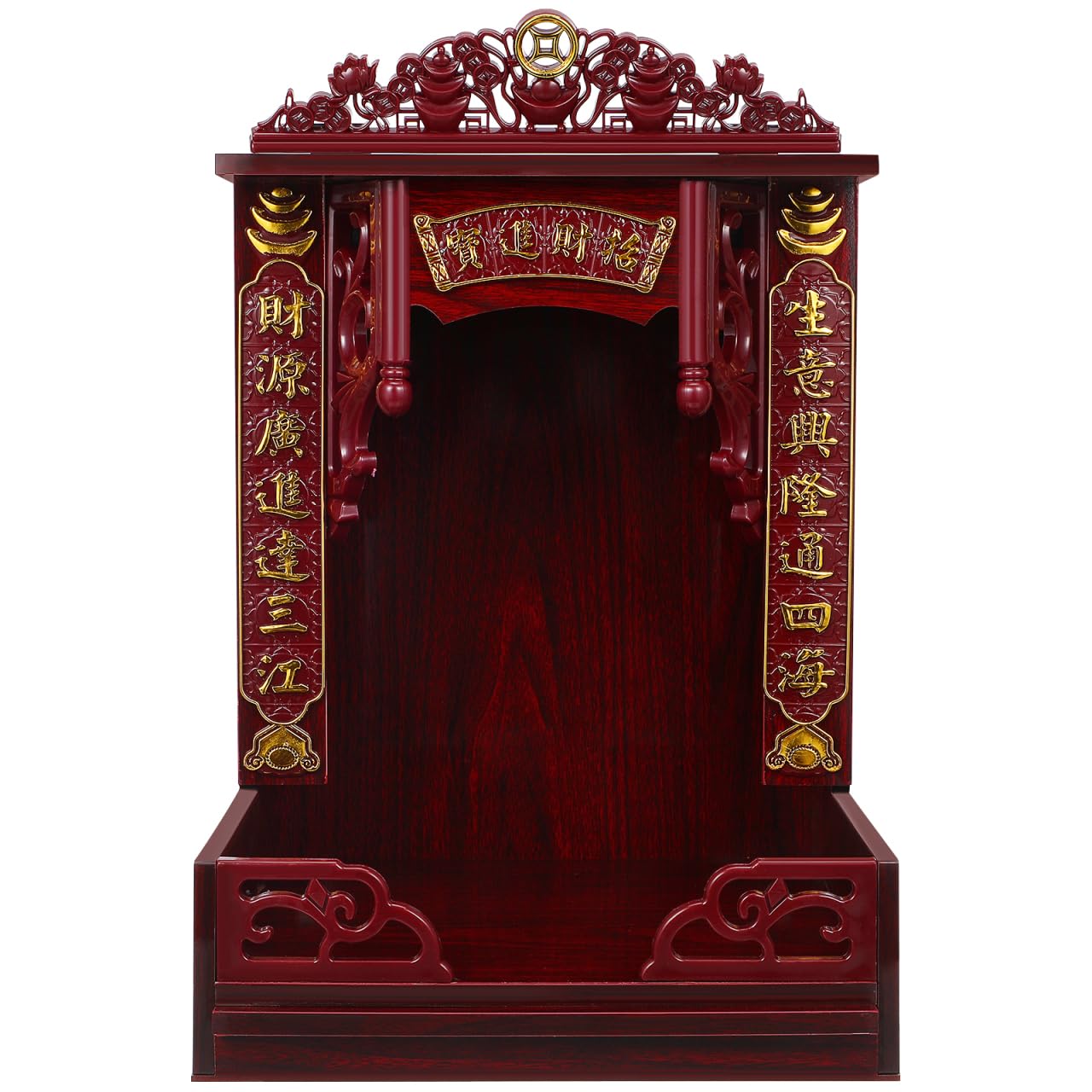 Wooden Buddha Display Cabinet Shelf for Home Feng Shui Decor, Tabletop or Wall Leaning Statue Holder with Pull-Out Tray, Chinese Style