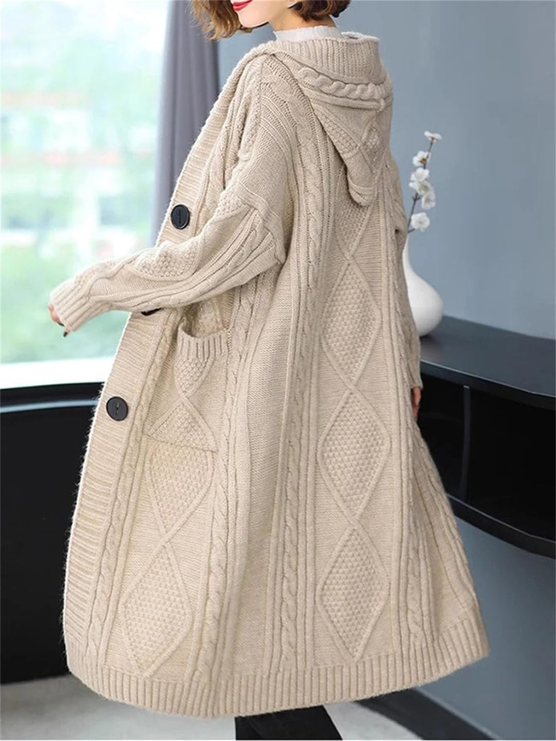 Suéter con capucha para mujer, cárdigan largo para otoño e invierno, suelto, grueso, cálido, de punto de un solo botonadura