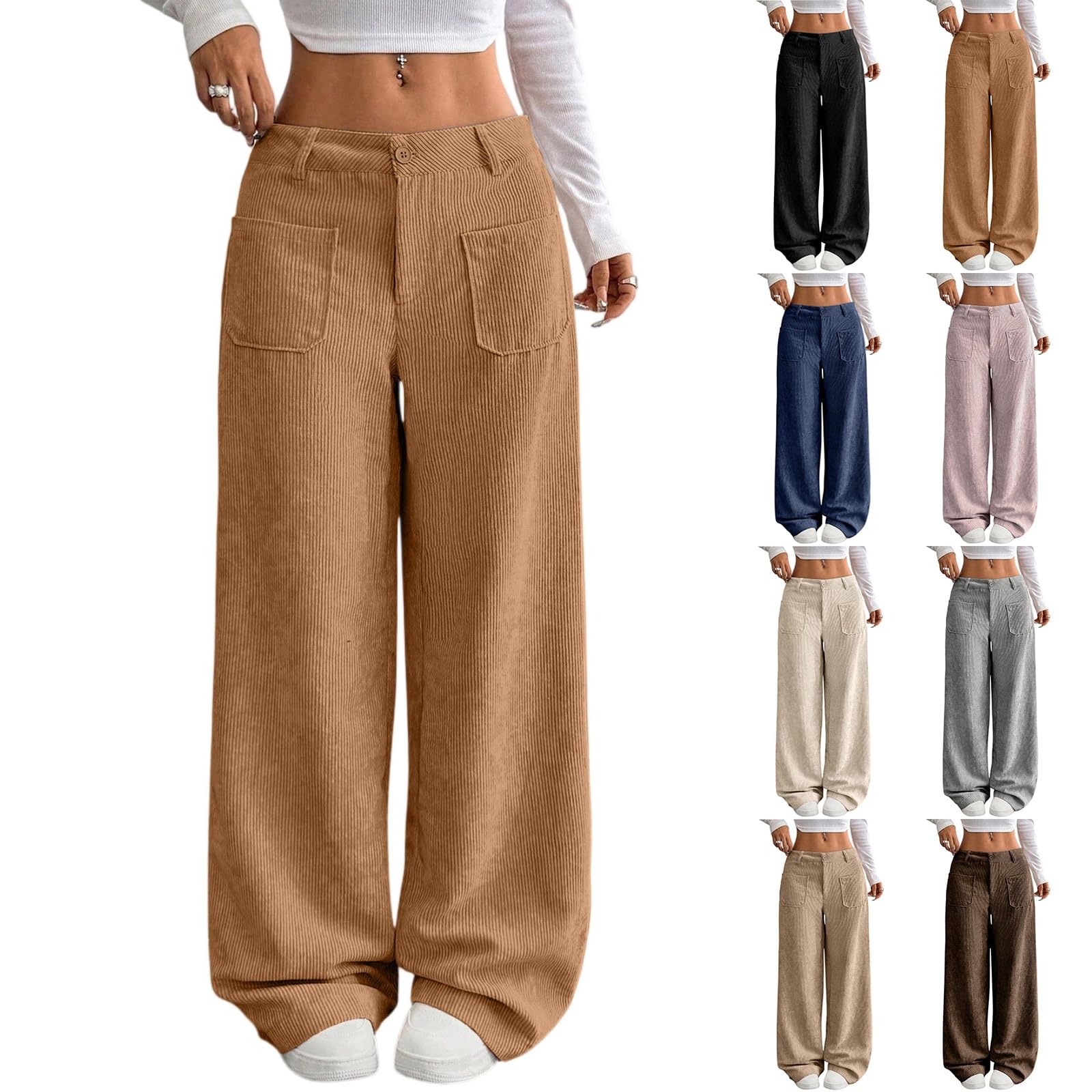 Corduroy Pants Women Baggy Button High Waisted Wide Leg Lounge Pants Fall Business Casual Work Trousers with Pockets
