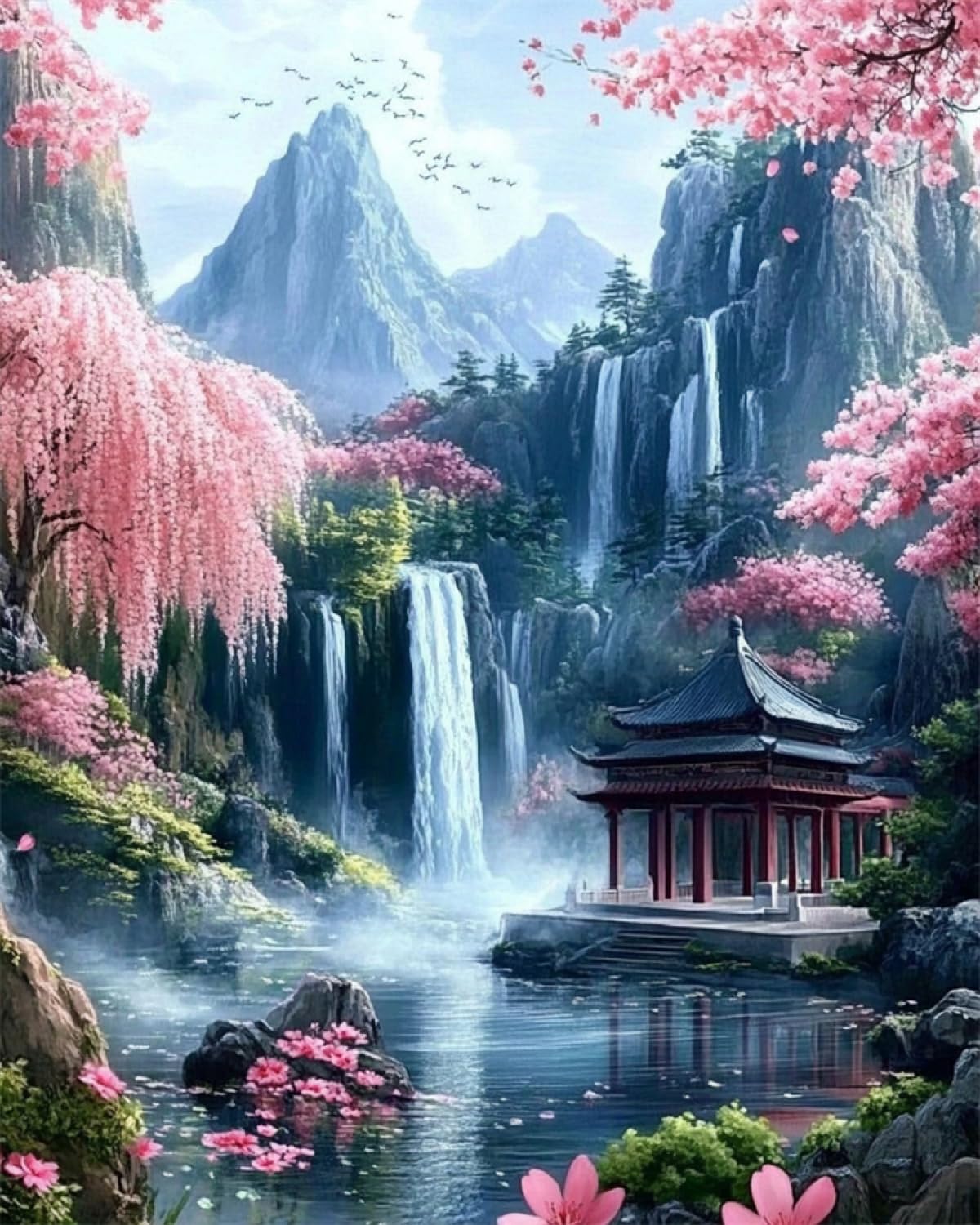 RKFLGEW Set De Cuentas De Bordado Diy Paisaje Arquitectónico Oriental Kit De Bordado Con Cuentas，Punto De Cruz，Artesanía，Patrón De Costura Con Cuentass，Pintura Mural En 3D 30x40cm