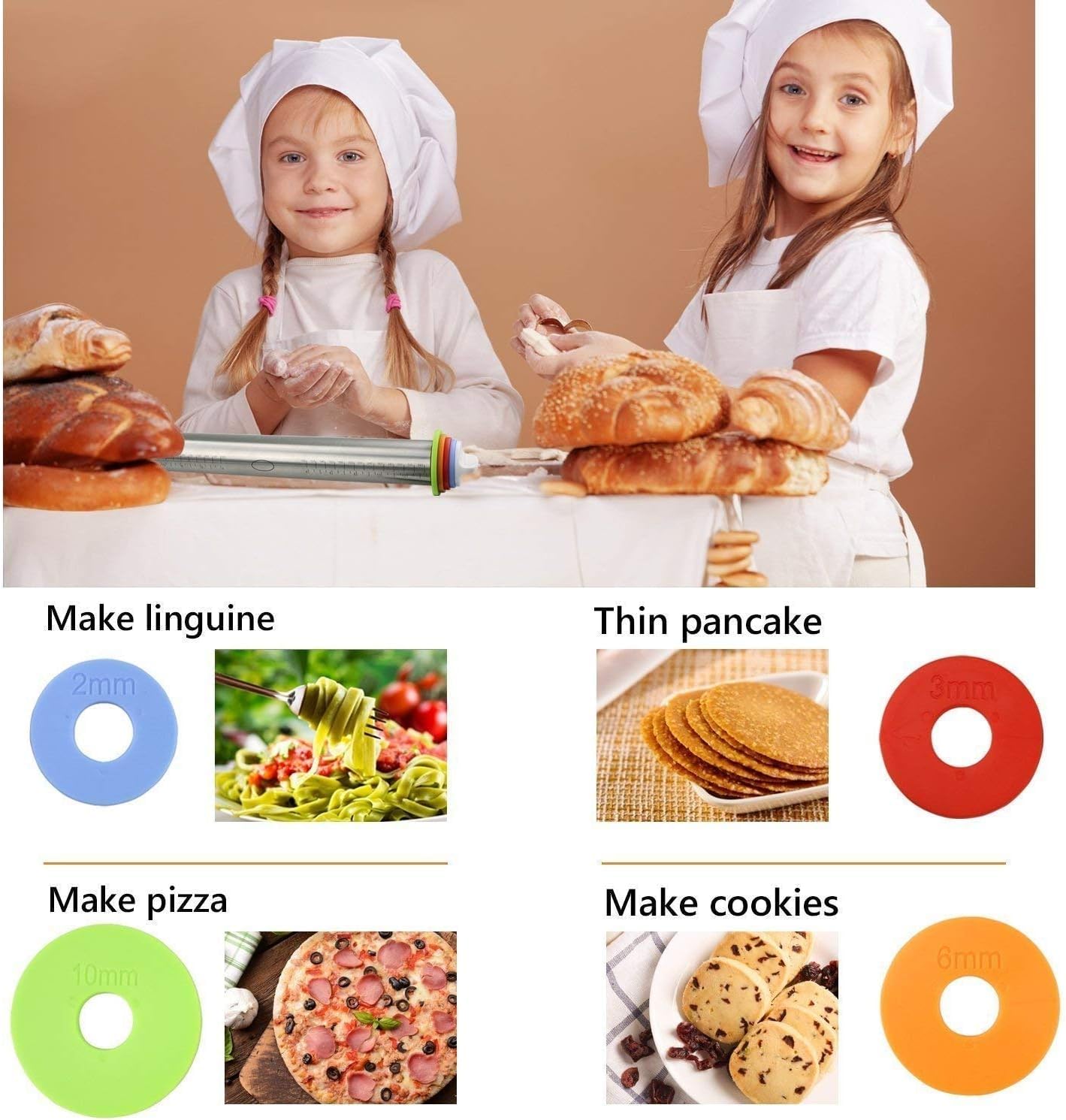 Pin regolabile non bastone rolling per torta con dischi e marcatori di misurazione, incluso tappetino in silicone Baking Mat, 40 x 6 cm Bakeware