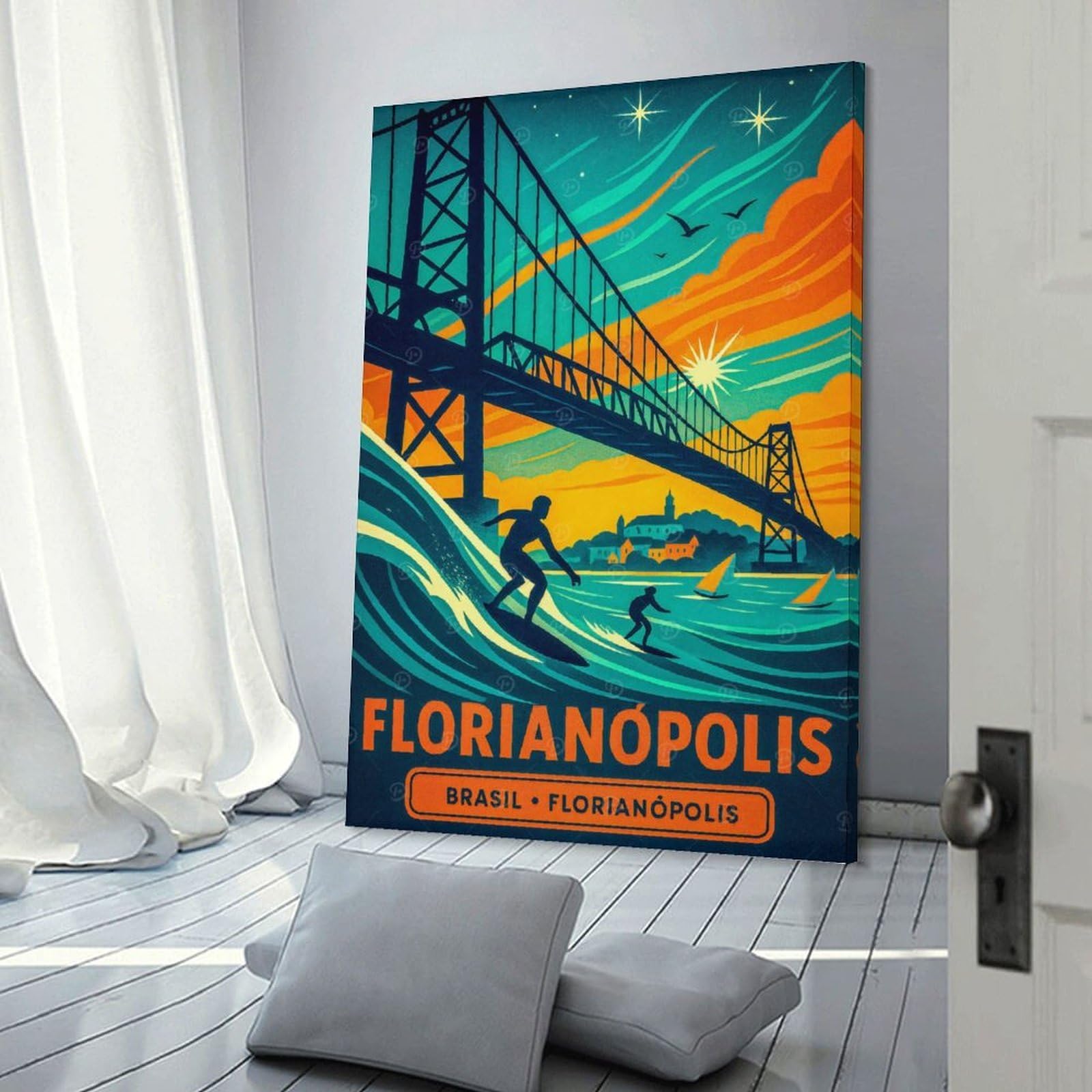 Junmoney Florianópolis, Brazil Surfing Travel Room Decor Wall Art, 24x36inch(60x90cm), for Office, Study Or Home Workspace, Decorative Artwork for Productive Spaces