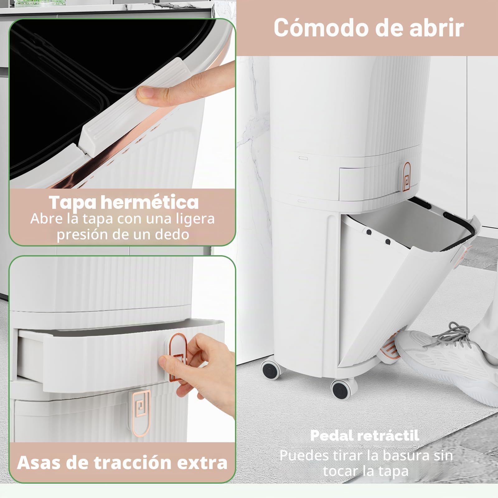 LIFEZEAL 38L / 42L Cubo de basura con ruedas, papelera con 3 compartimentos y tapa, cubo de basura con pedal y asa, contenedor de basura para cocina, sala de estar y oficina (42L, Blanco)