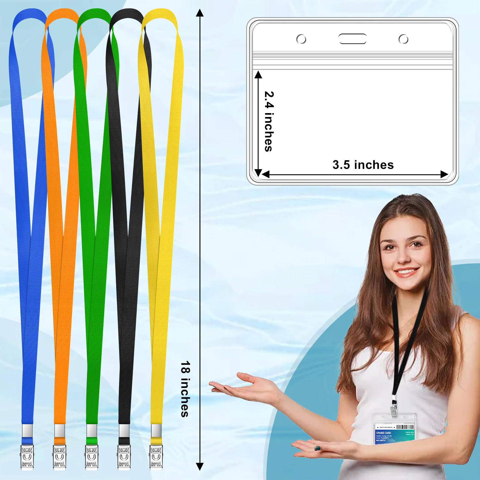 Confezione da 50 porta badge orizzontali in plastica trasparente e 50 cordini neri, impermeabili, con cordino, per adulti e bambini, ufficio e scuola