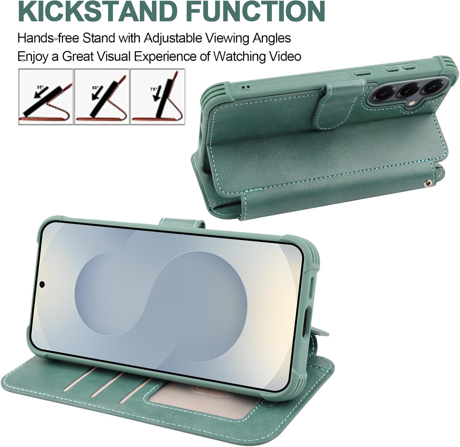 VANAVAGY Wallet Case for Galaxy S25+ Plus with RFID Blocking Card Holder, Folio Flip Leather Magnetic Phone Cover with Wrist Strap for Wireless Charging Phone Case for S25+ 6.7inch, Forest Green