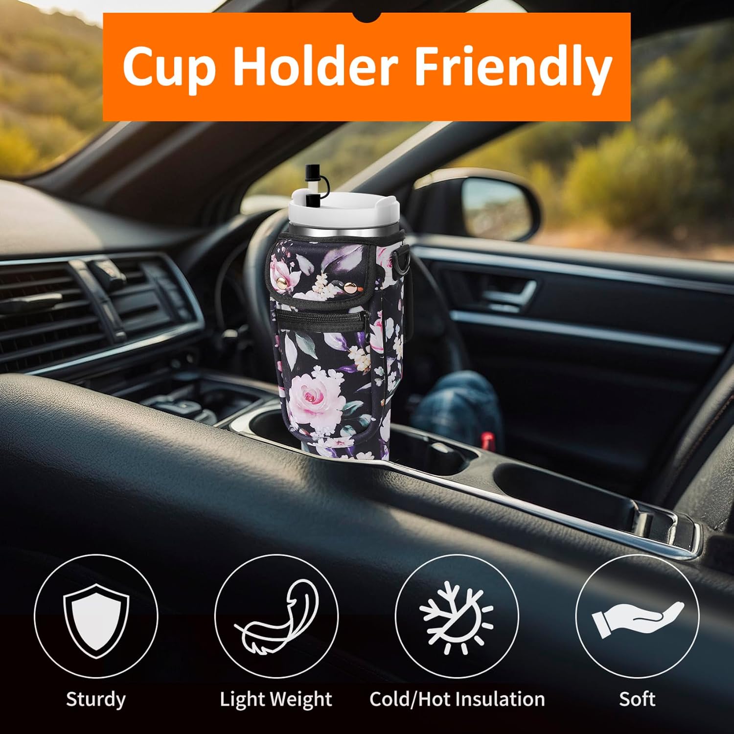 Water Bottle Carrier Bag with Phone Pocket for Stanley 40/30 oz Tumbler Neoprene Insulated Mug Sleeve Pouch with 2 Pockets & Adjustable Strap & Straw Cover for Stanley Cup Accessories - Image 7