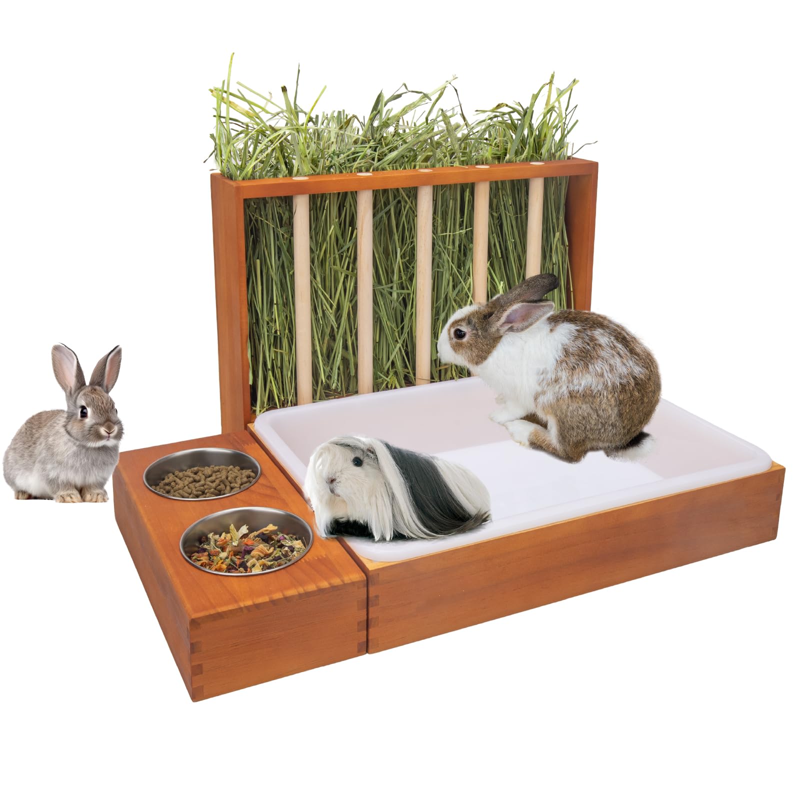 BESNEW 3-in-1 Rabbit Hay Feeder with Litter Box,Upgraded Rot Resistant Rreatment Wooden Hay Feeder with 2 Bowls &amp; Litter Box for Guinea Pigs,Chinchillas,Rabbits &amp; Other Small Animals,Waste Prevention