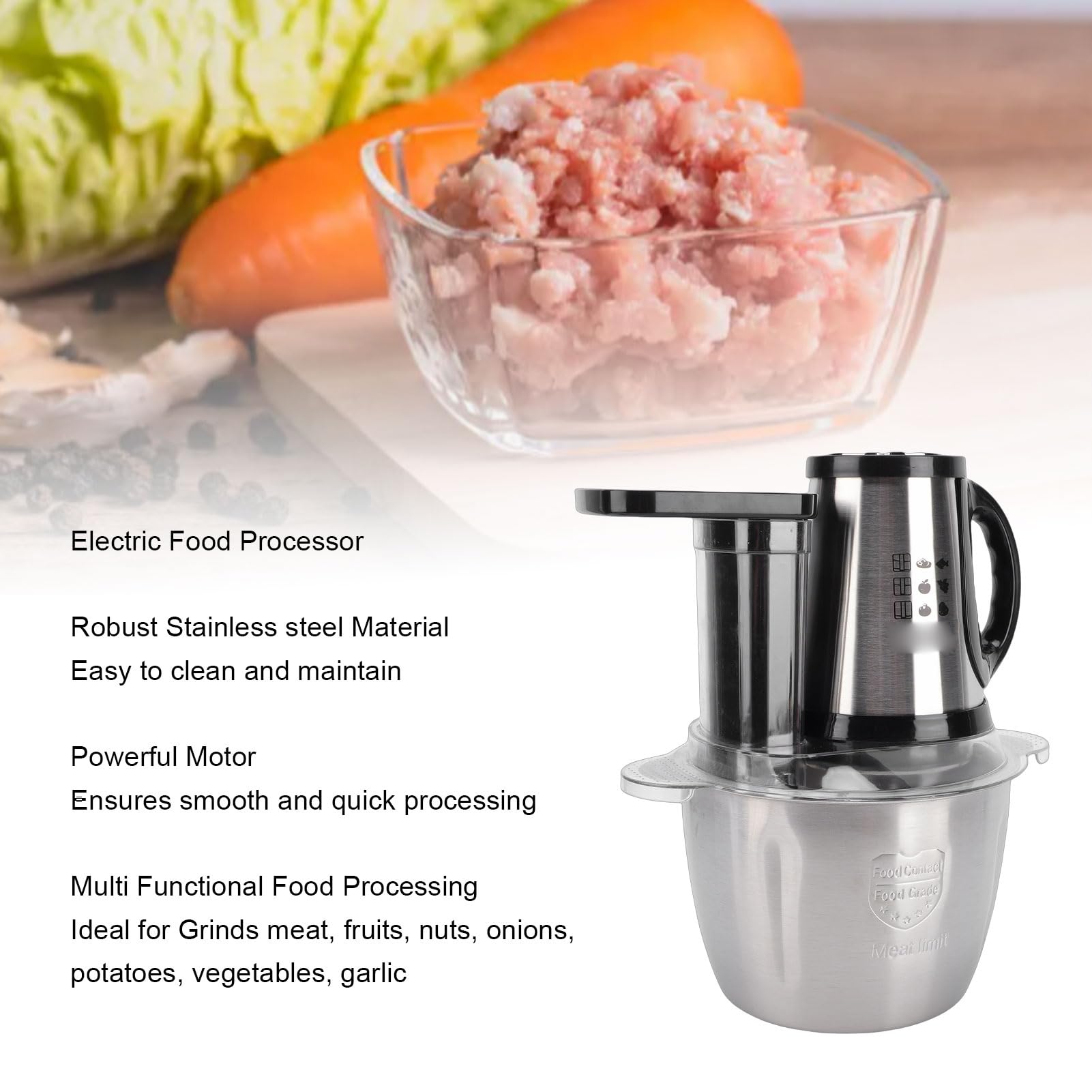 Fockety Procesador de Alimentos, Picadora de Alimentos Eléctrica de Acero Inoxidable de 3 L, Picadora de Carne Robusta, Compacta y Multifuncional con Potente Motor de 300 W (Enchufe europeo 220V)