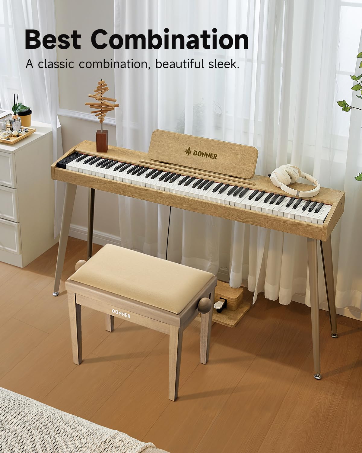 Donner Verstellbare Klavierbank, Klavierstuhlsitz aus Massivholz mit hochdichtem Schwammkissen, Klavierhocker aus Holz mit Metallhebevorrichtungen, Beige