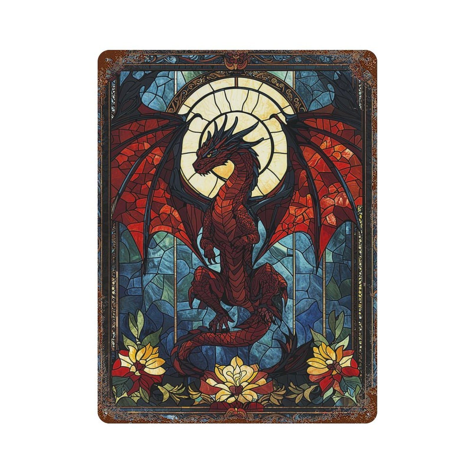 Stained Glass Dragon Vintage Metal Tin Sign 15.7"x11.8", Novelty Wall Decor for Garage, Pub Or Kitchen
