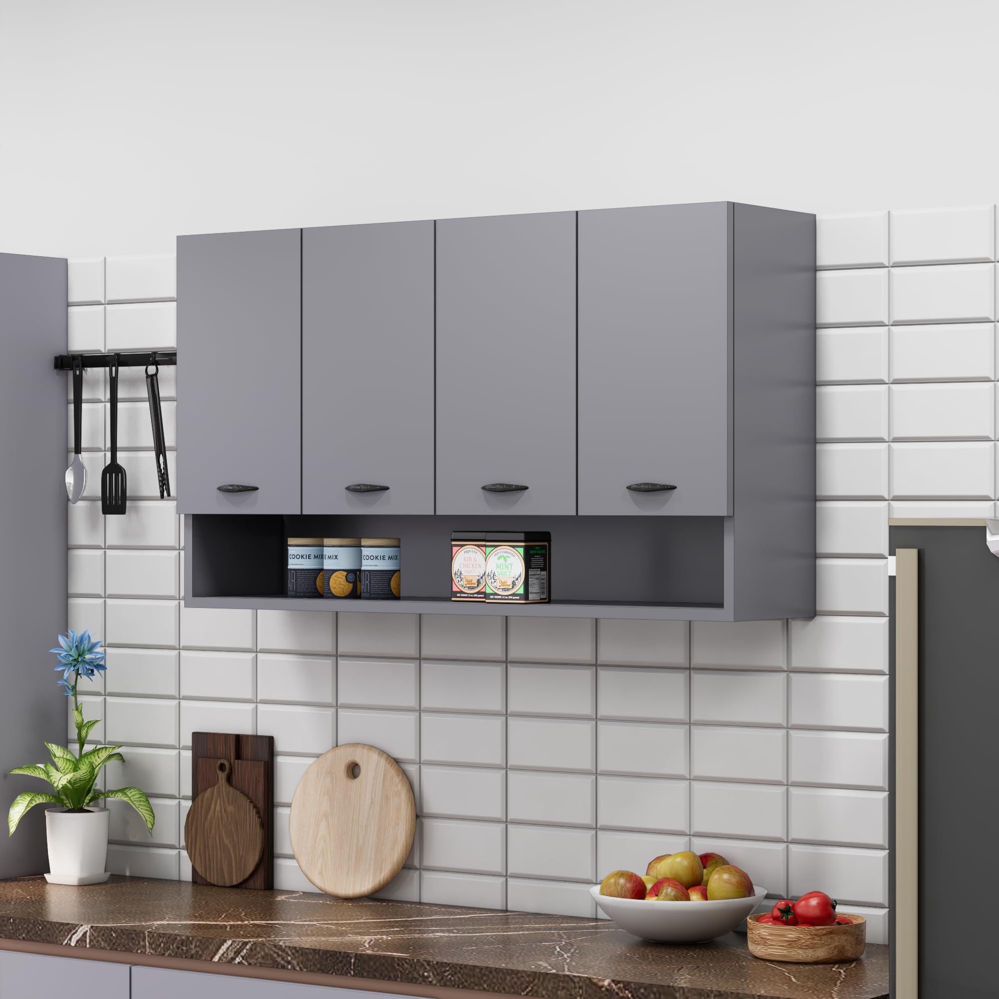 Bniture Engineered Wood Wall-Mount Kitchen Cabinet | Modular Kitchen Storage Cabinet with Shelves & 4 Doors | Space-Saving Wall Cabinet for Kitchen (Slate Grey)