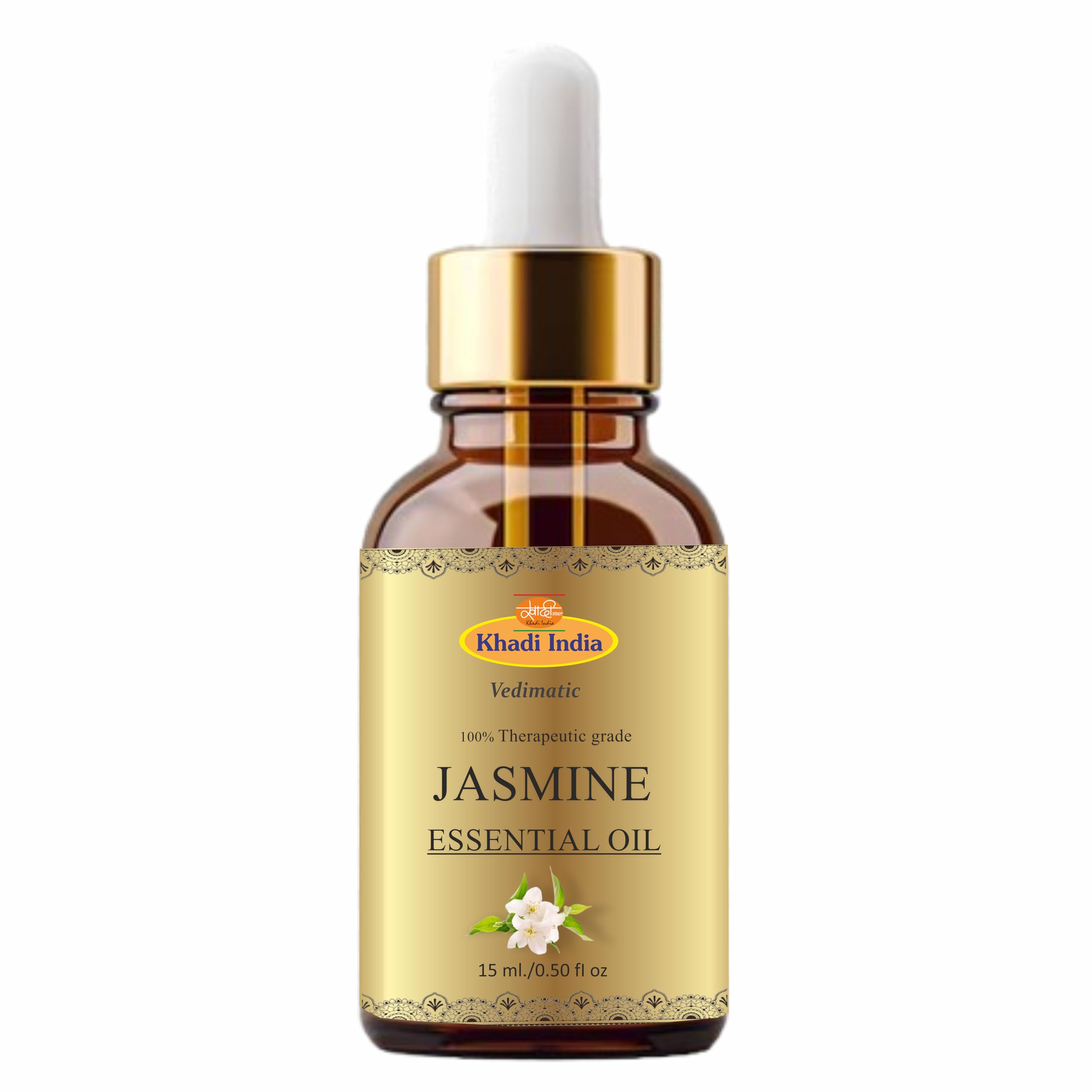 Khadi Jasmine Essential Oil (15ml) - for Skin, Hair Growth, Bathing, Pooja, Diffuser, Home Fragrance & Soap Making - Pure & Original Oil with Dropper for Aroma Therapy, Stress Relief and Relaxation