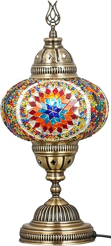 Miniatura 2 de DEMMEX Lámpara de mesa grande de mosaico marroquí turco de 7 pulgadas, hecha a mano, estilo Tiffany, luz de mesita de noche de cristal colorido,