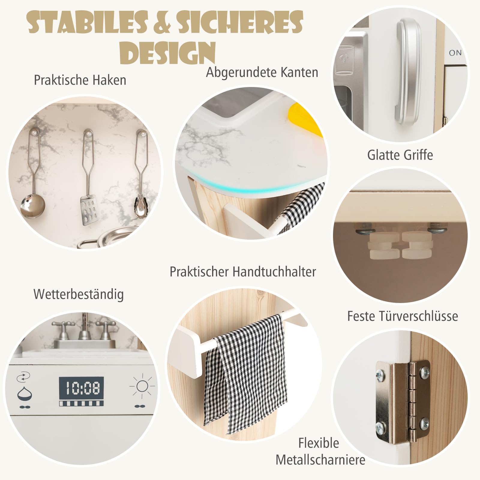 COSTWAY Kinderküche inkl. Zubehör, Spielküche Holz mit einstellbaren LED-Lichtern, abnehmbaren Stoffkörben & Regalen, Spielzeugküche mit Kaffeemaschine & Kühlschrank, für Kinder ab 3 Jahren
