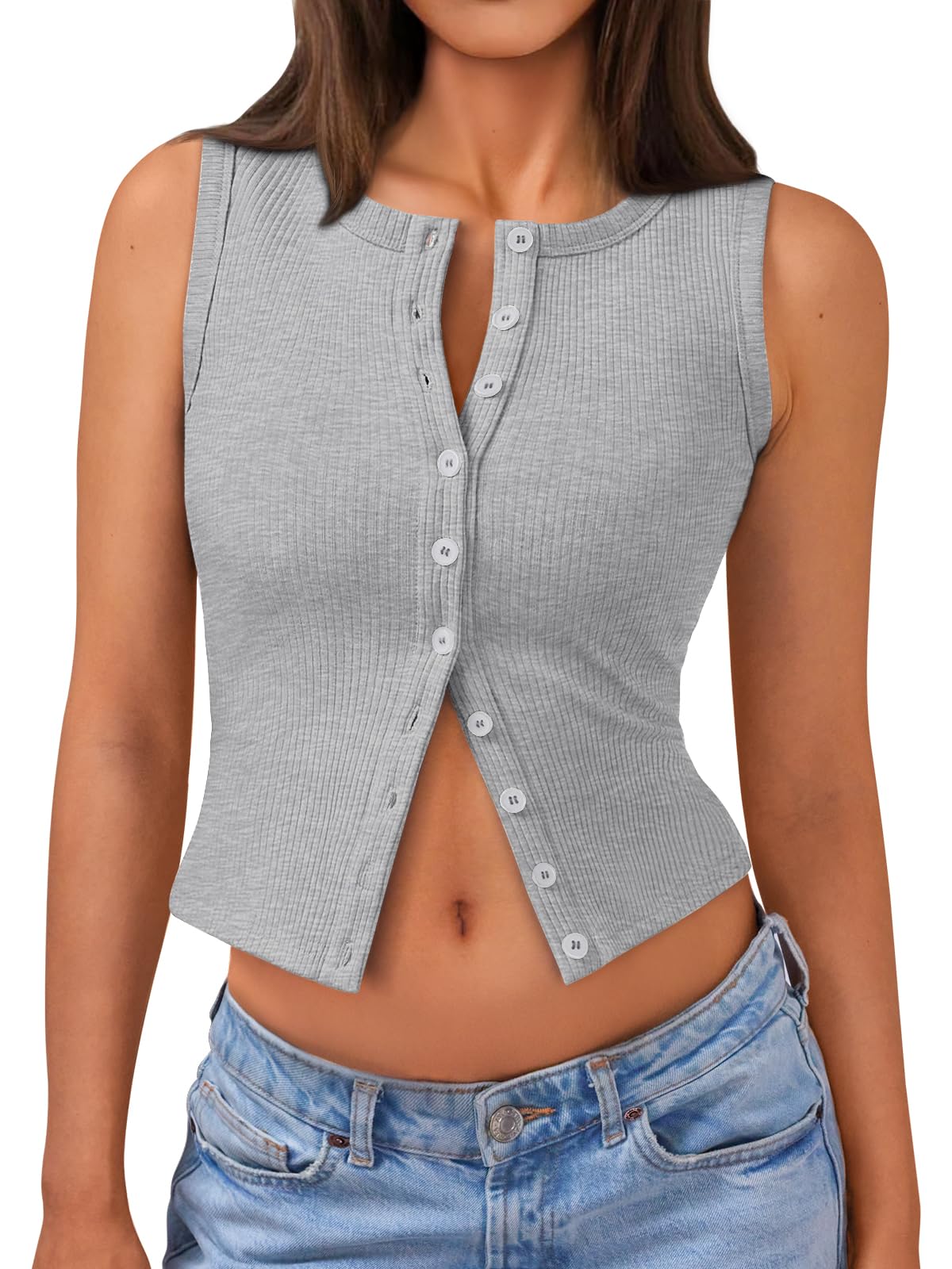 Trendy Queen Womens Ribbed Button Down Sleeveless Shirts Summer Going Out Cropped Tank Top
