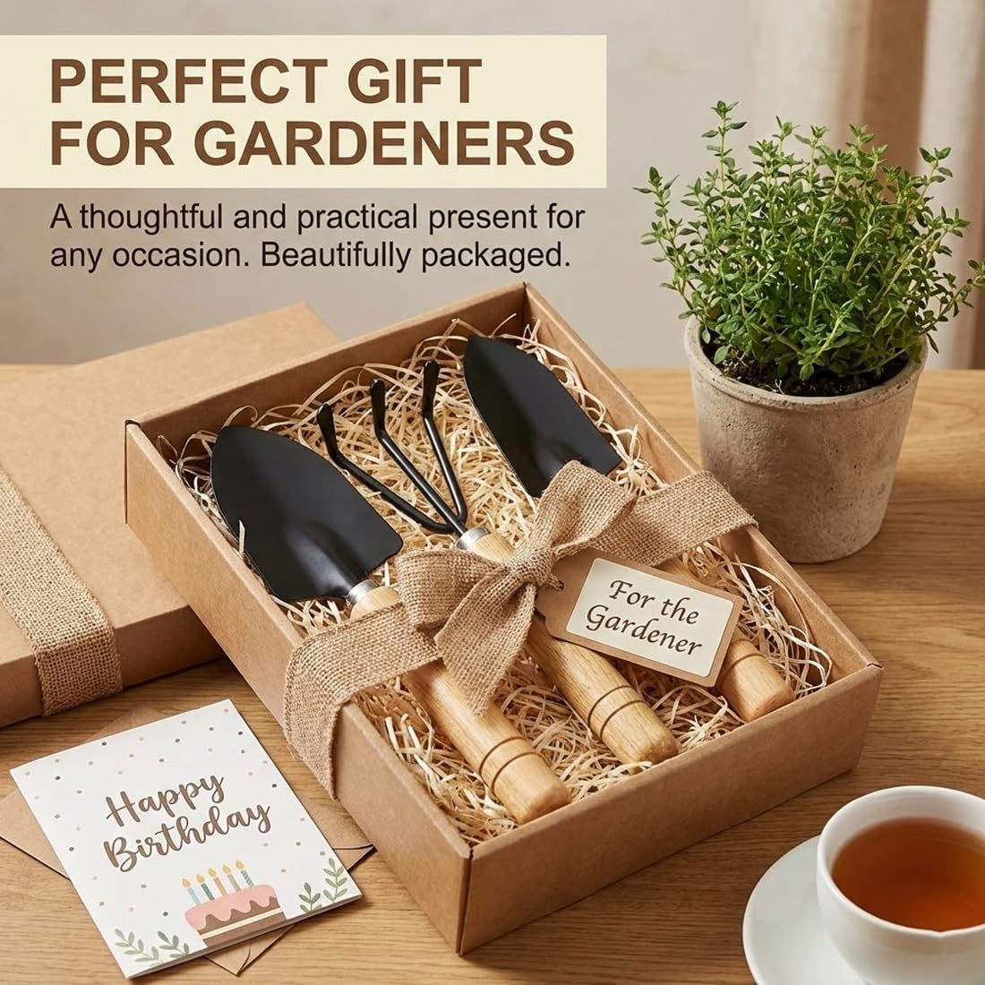 3 Piezas Mini Set de Herramientas de Jardinería, Kit de Herramientas con Mango de Madera, Mini Pala, Rastrillo y Azada para Bonsáis, Plantas, Macetas y Suelo Suelto