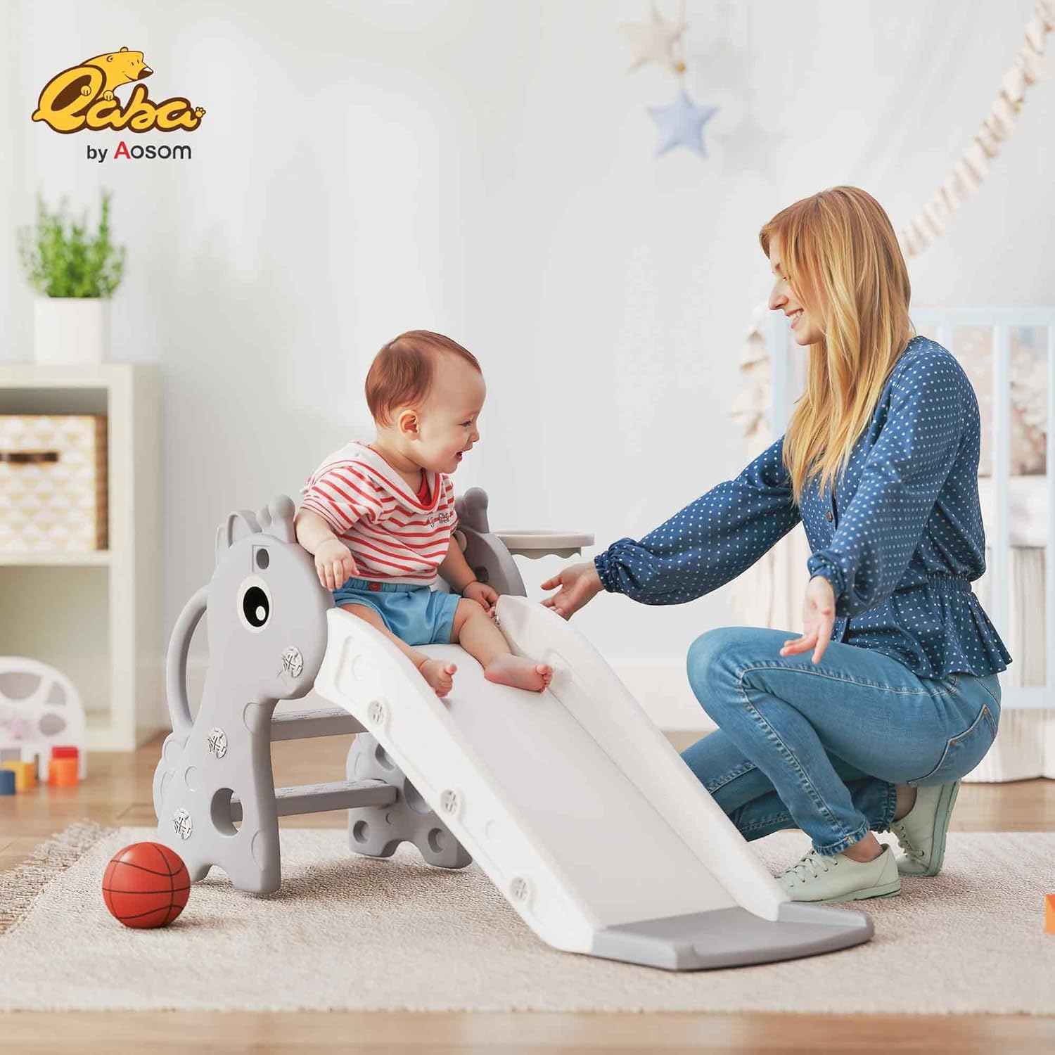 Qaba Toddler Slide with Climber, Basketball Hoop and Ball, Indoor Kids Slide with Giraffe Design, Freestanding Playground Equipment for Age 1-3 Years, Gray