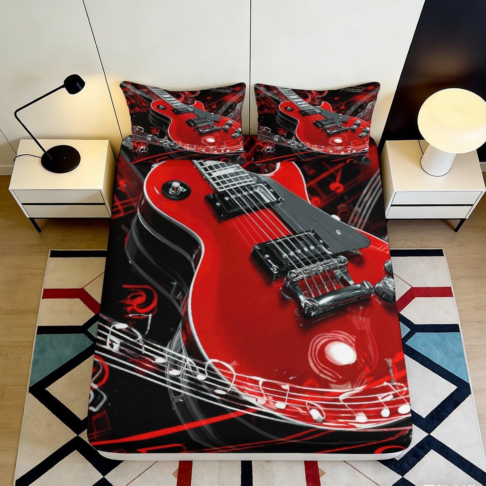 3D Printed Electric Guitar Red Fitted Sheet Microfiber Soft Bedroom Decor Music Theme Mattress Cover for Home Dorm 90x200x25cm