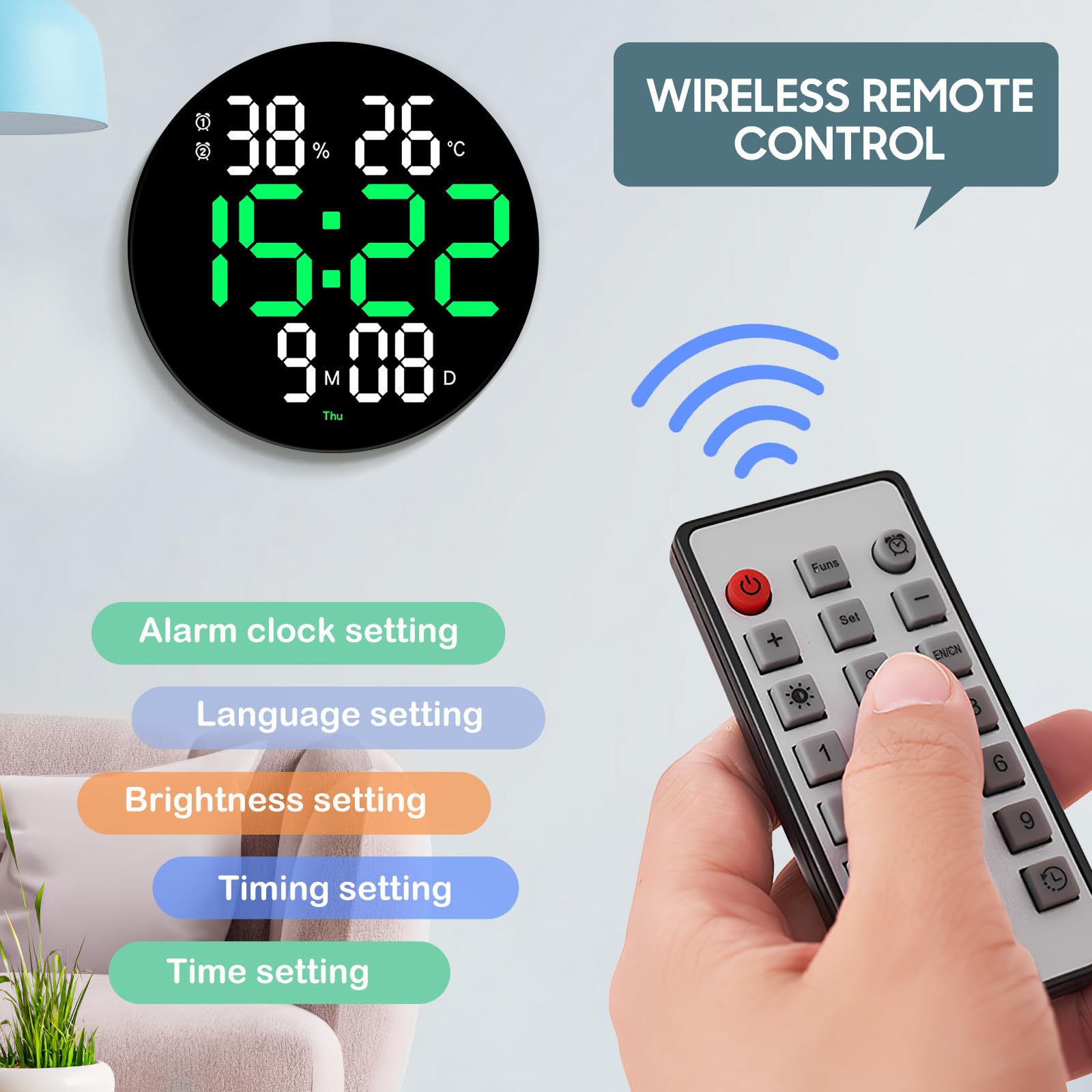 Tofficu Digitale LED Wanduhr mit Temperatur und Luftfeuchtigkeitsanzeige Acrylgehäuse Fernbedienung Großes Display für Wohnzimmer und Schlafzimmer